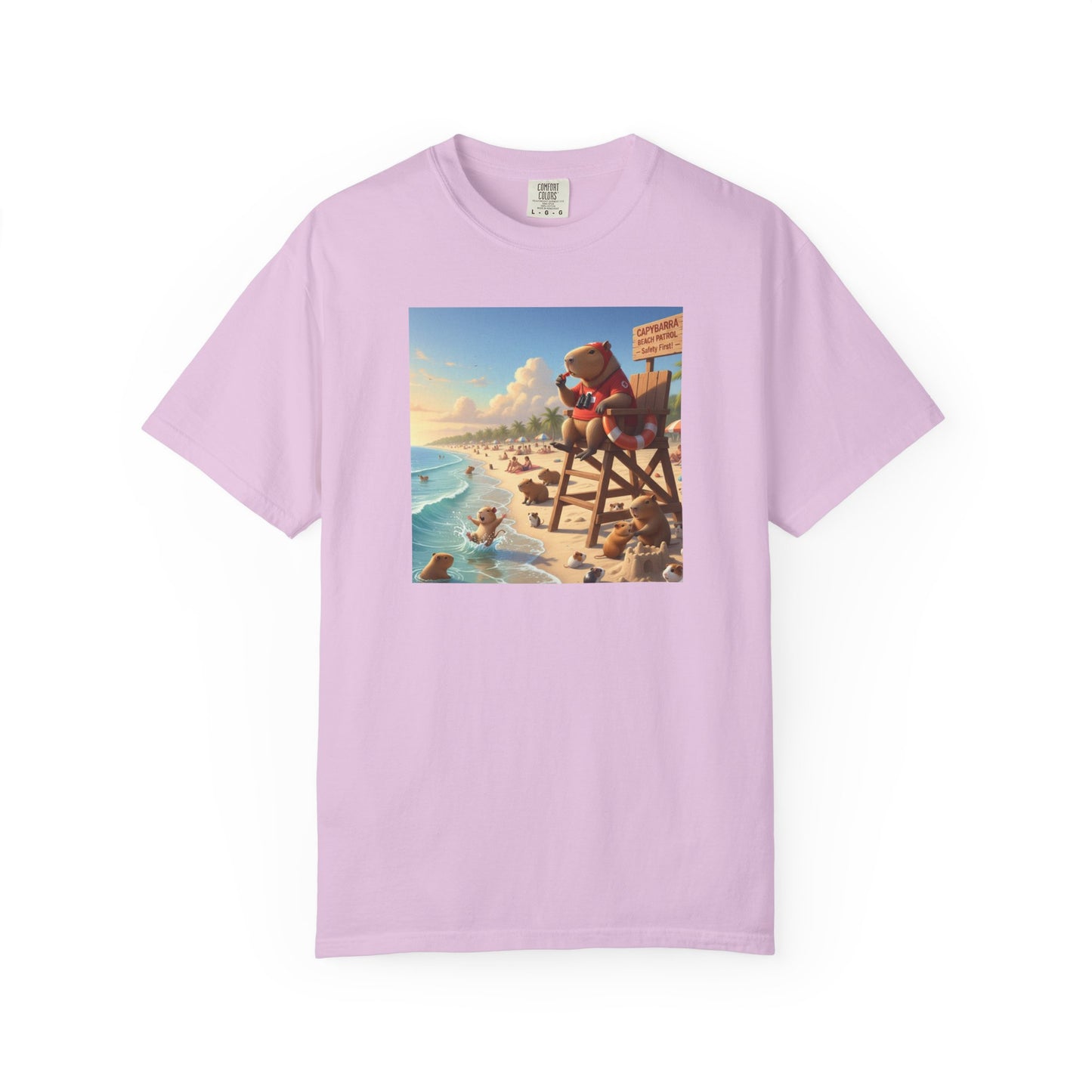 Lifeguard Capybara on Beach T-shirt | Surf Rescue Sunset Scene
