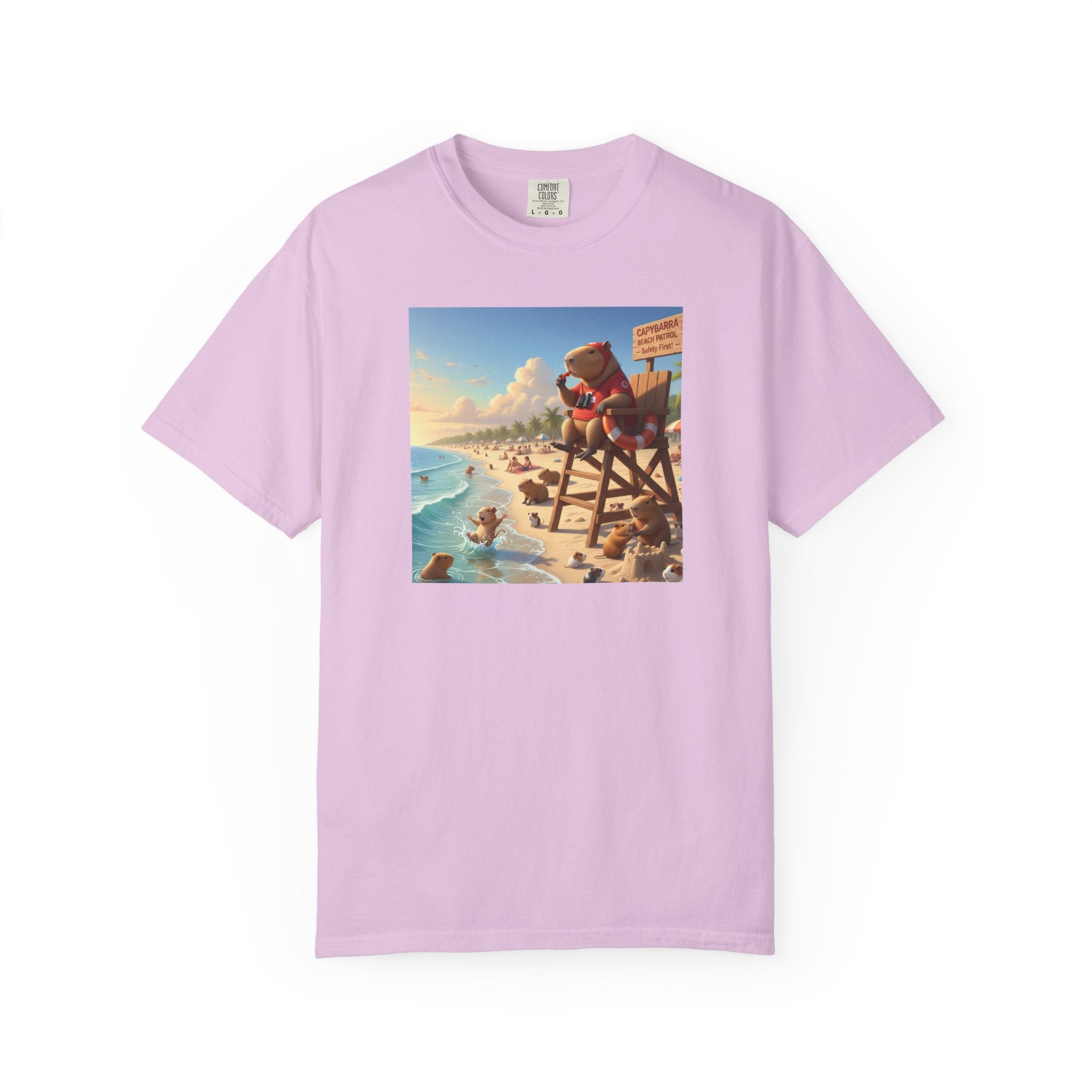 Lifeguard Capybara on Beach T-shirt | Surf Rescue Sunset Scene