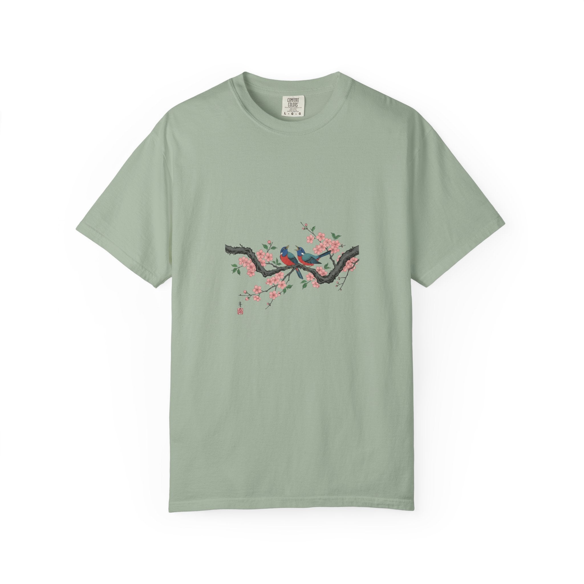 Birds on Cherry Blossom Branch T-Shirt | Japanese Floral Illustration
