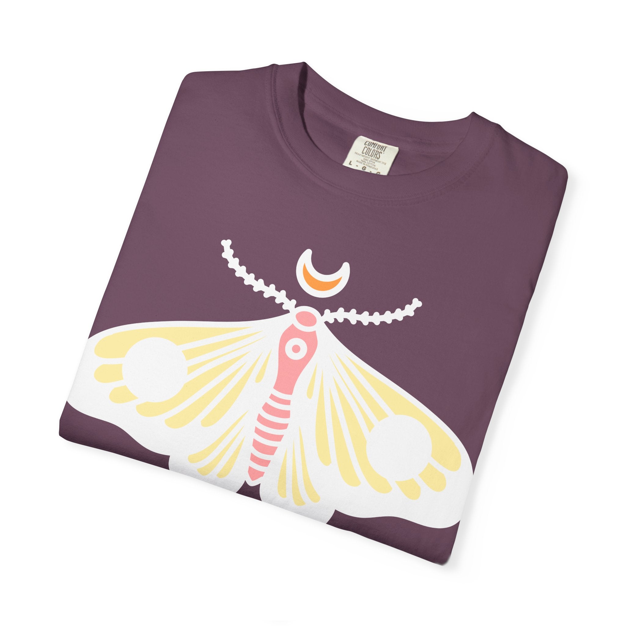 Celestial Moth T-shirt | Pink Yellow Moth with Crescent Moon