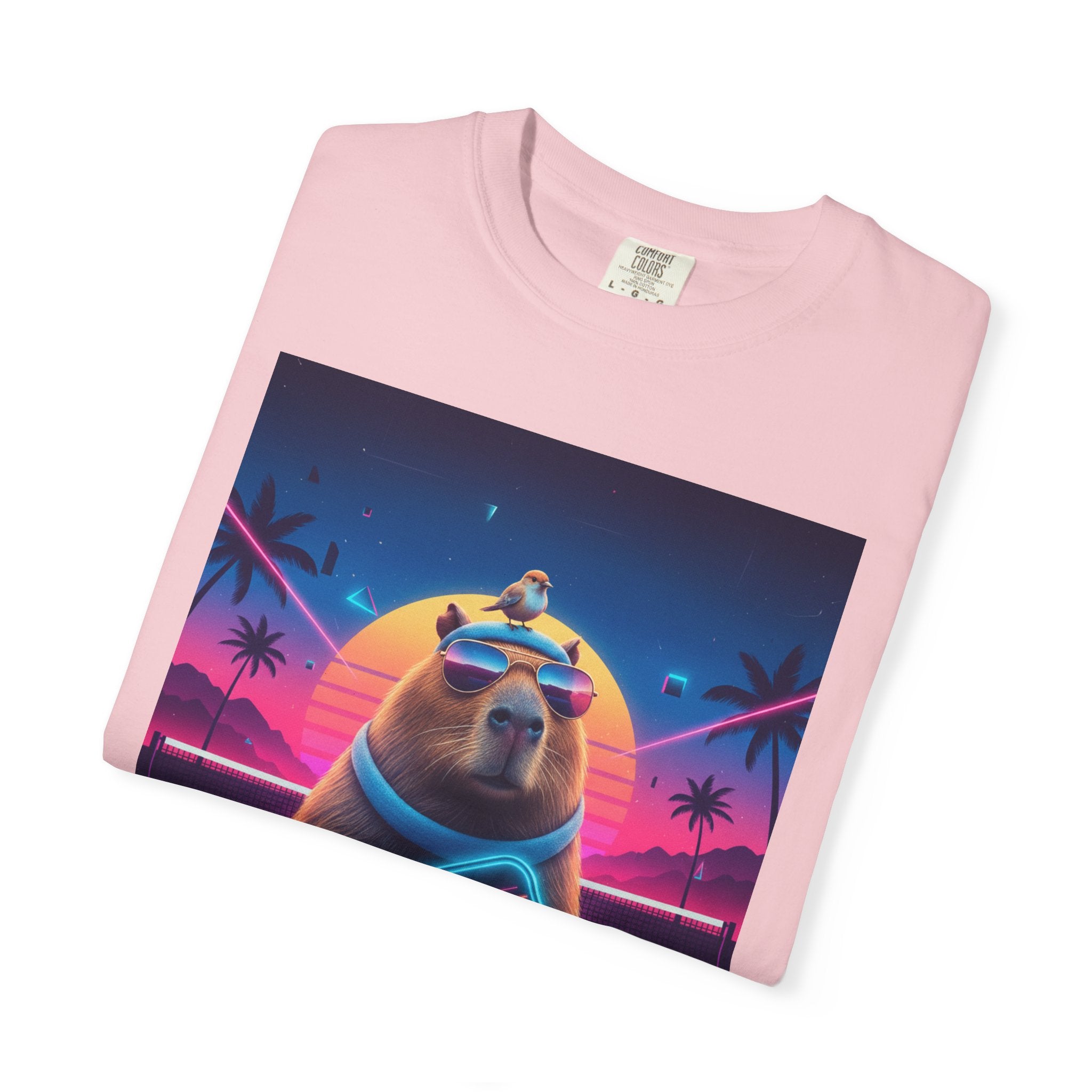 Retro Vaporwave Capybara with Sunglasses T-shirt | Neon Sunset Palm Trees