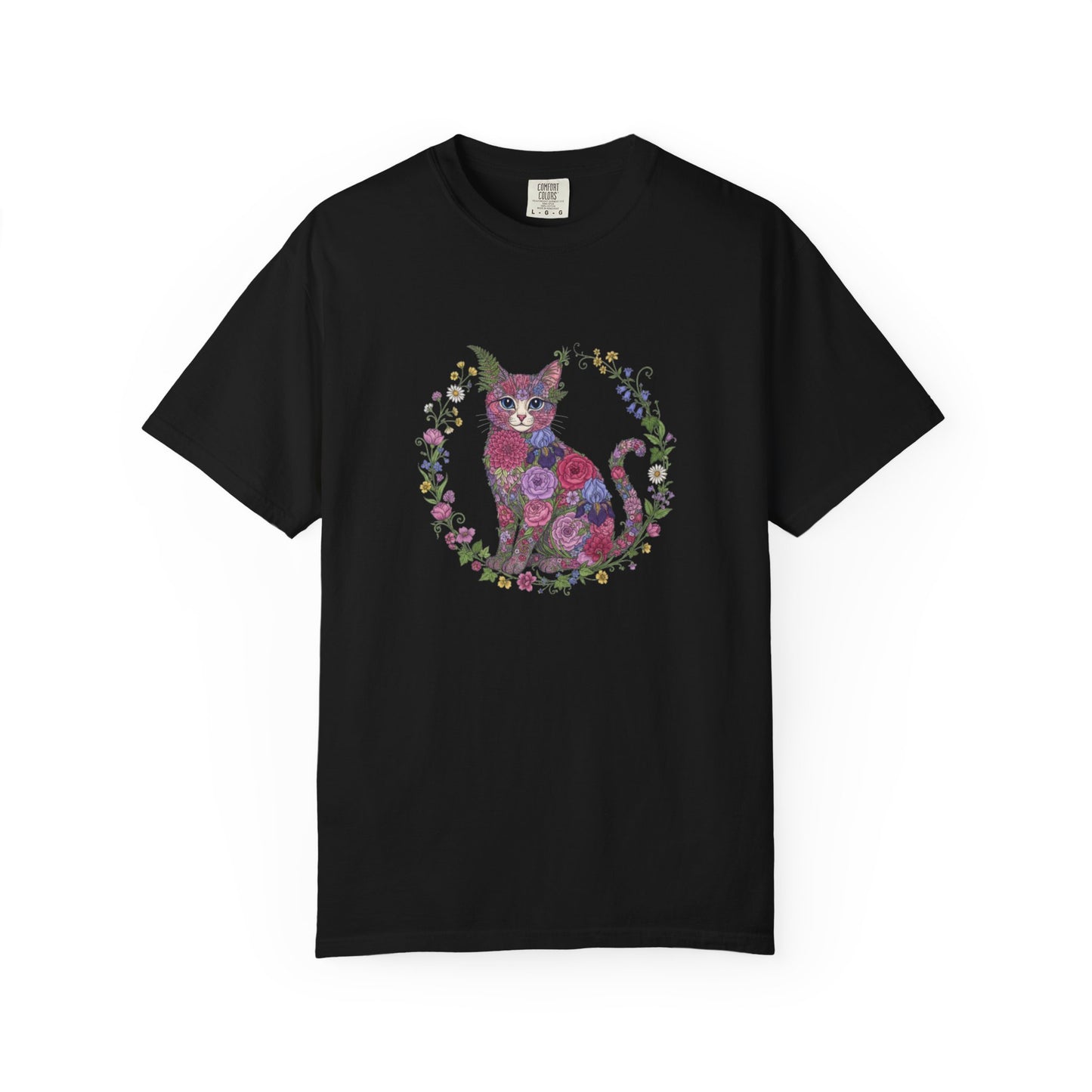 Floral Cat Illustration T-shirt | Botanical Kitty Circle Print