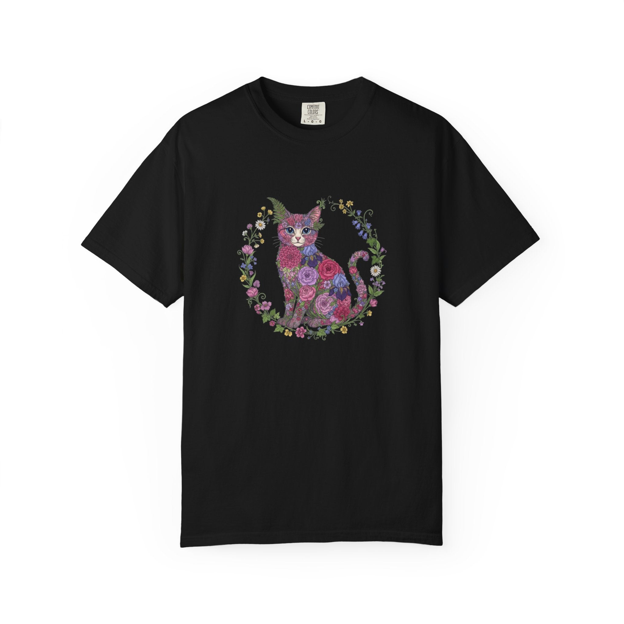 Floral Cat Illustration T-shirt | Botanical Kitty Circle Print