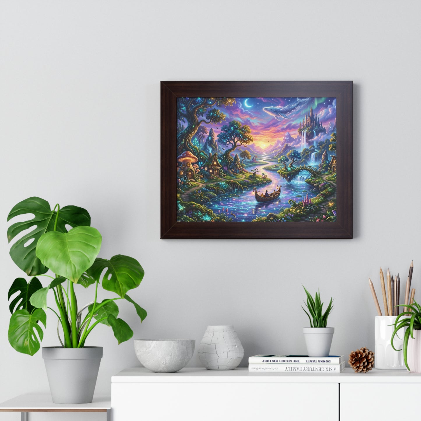 Celestial River Journey Digital Art Print - Whimsical Fantasy Landscape with Floating Castle, Glowing Forest