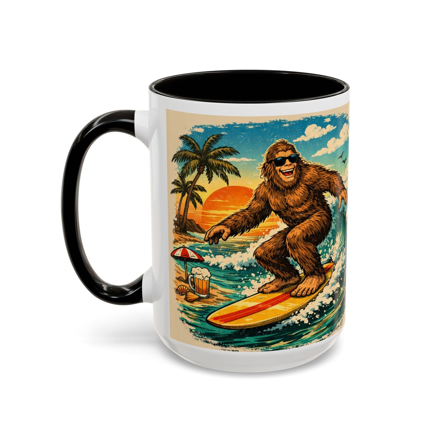 Surfing Bigfoot Mug | Retro Beach Sunset Bigfoot Wave Coffee Cup