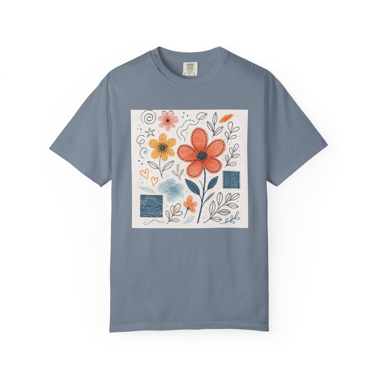 Hand-drawn Watercolor Floral Doodles T-shirt | Linocut & Embroidery Texture