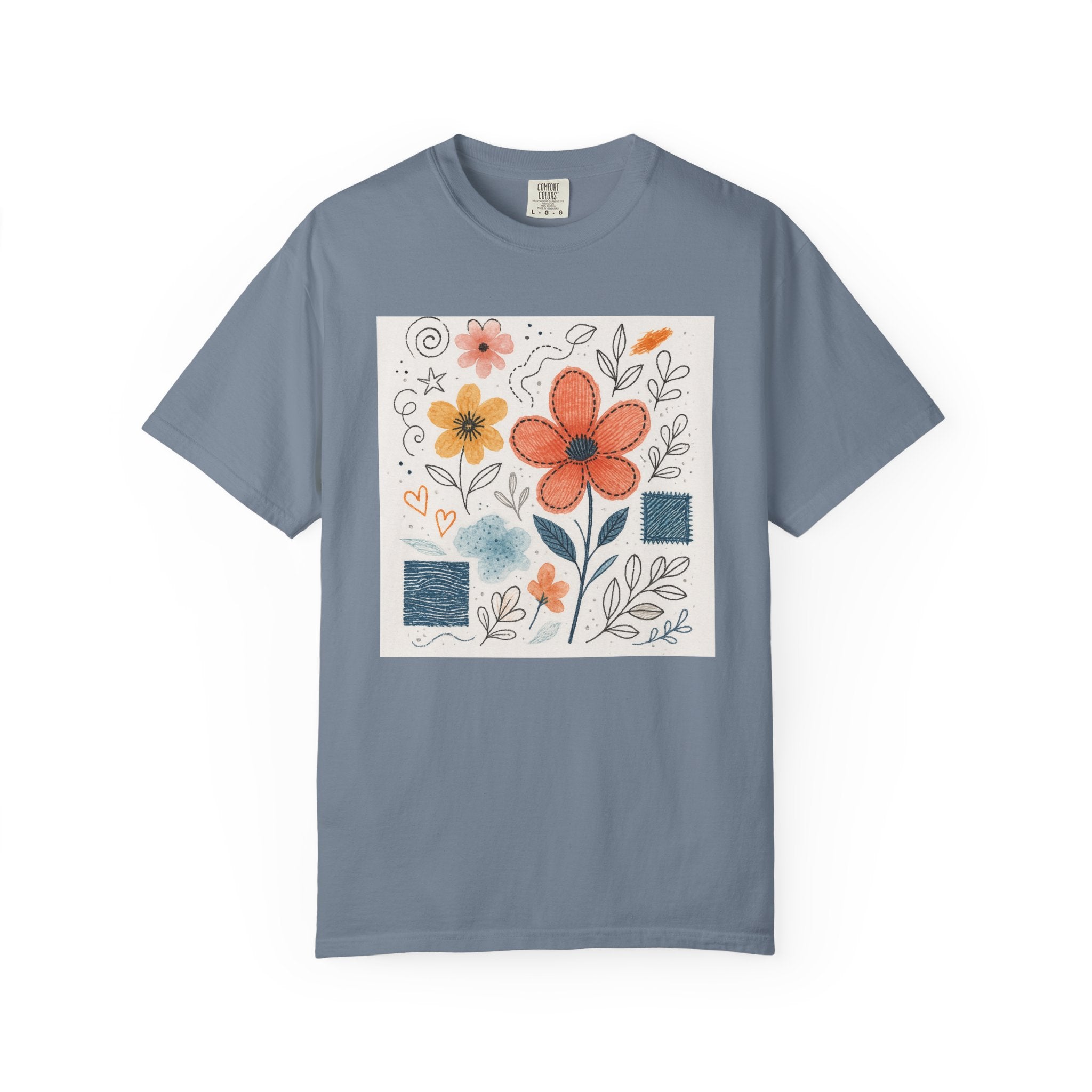 Hand-drawn Watercolor Floral Doodles T-shirt | Linocut & Embroidery Texture