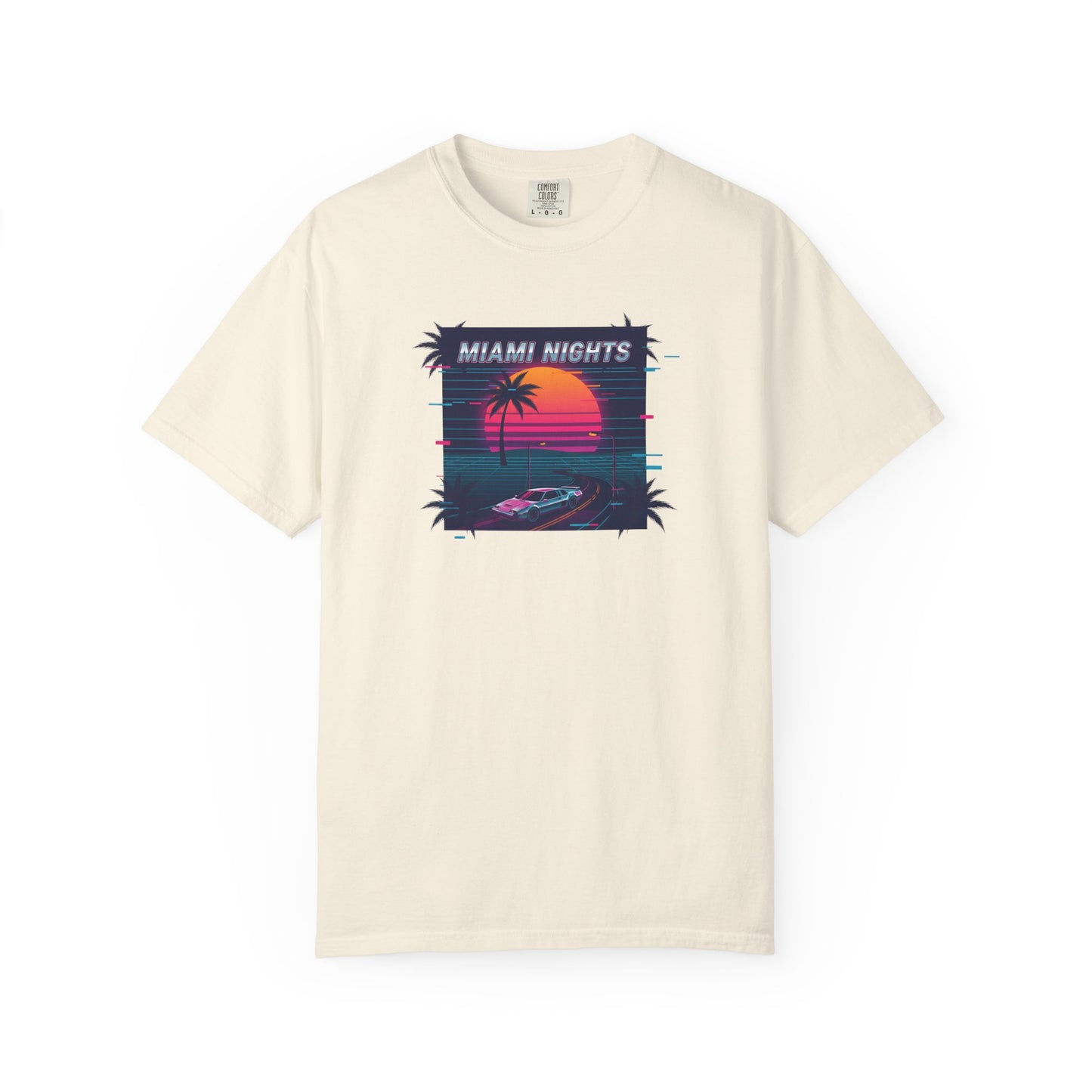 Miami Nights Sunset Palm T-shirt | Retro Vaporwave Beach Scene