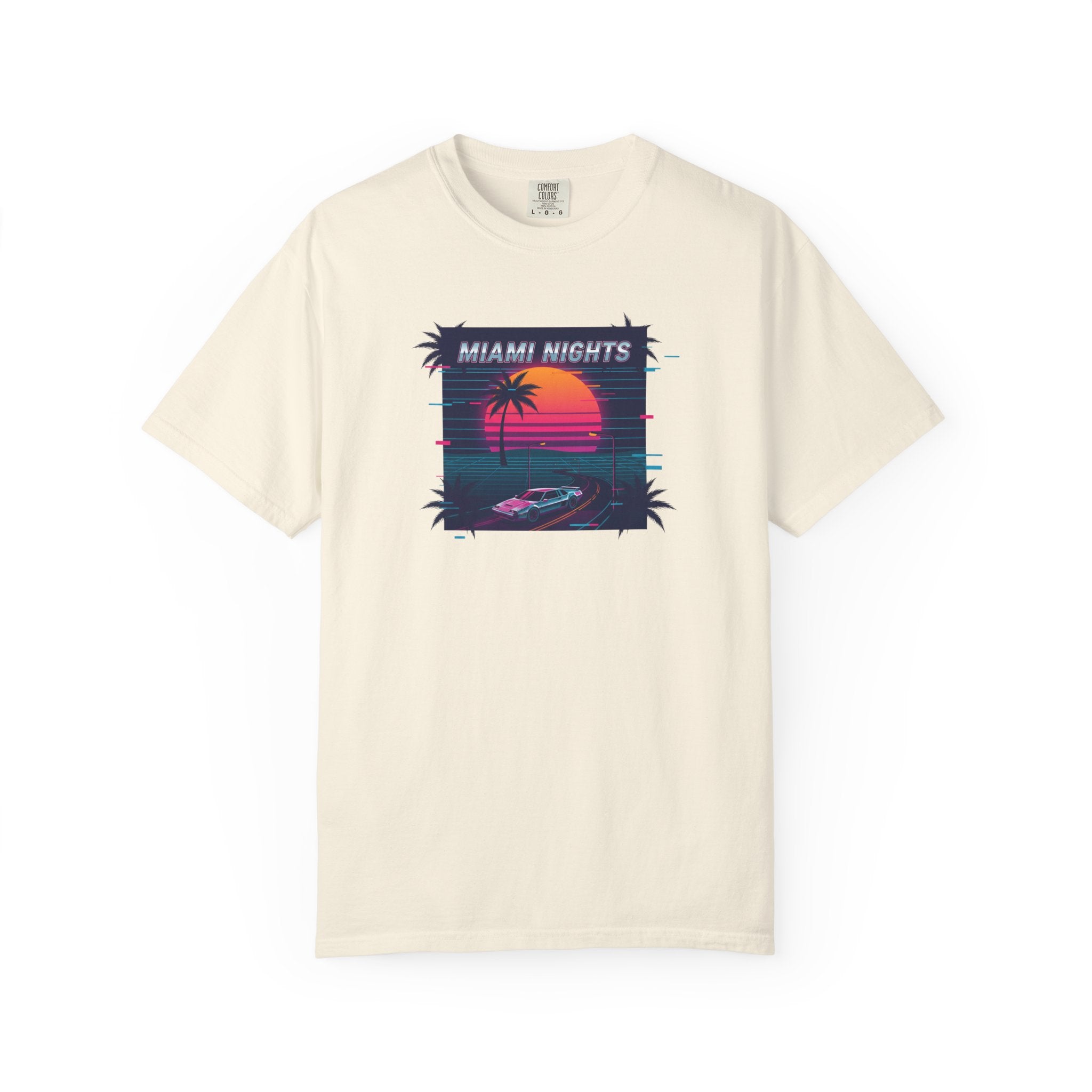 Miami Nights Sunset Palm T-shirt | Retro Vaporwave Beach Scene