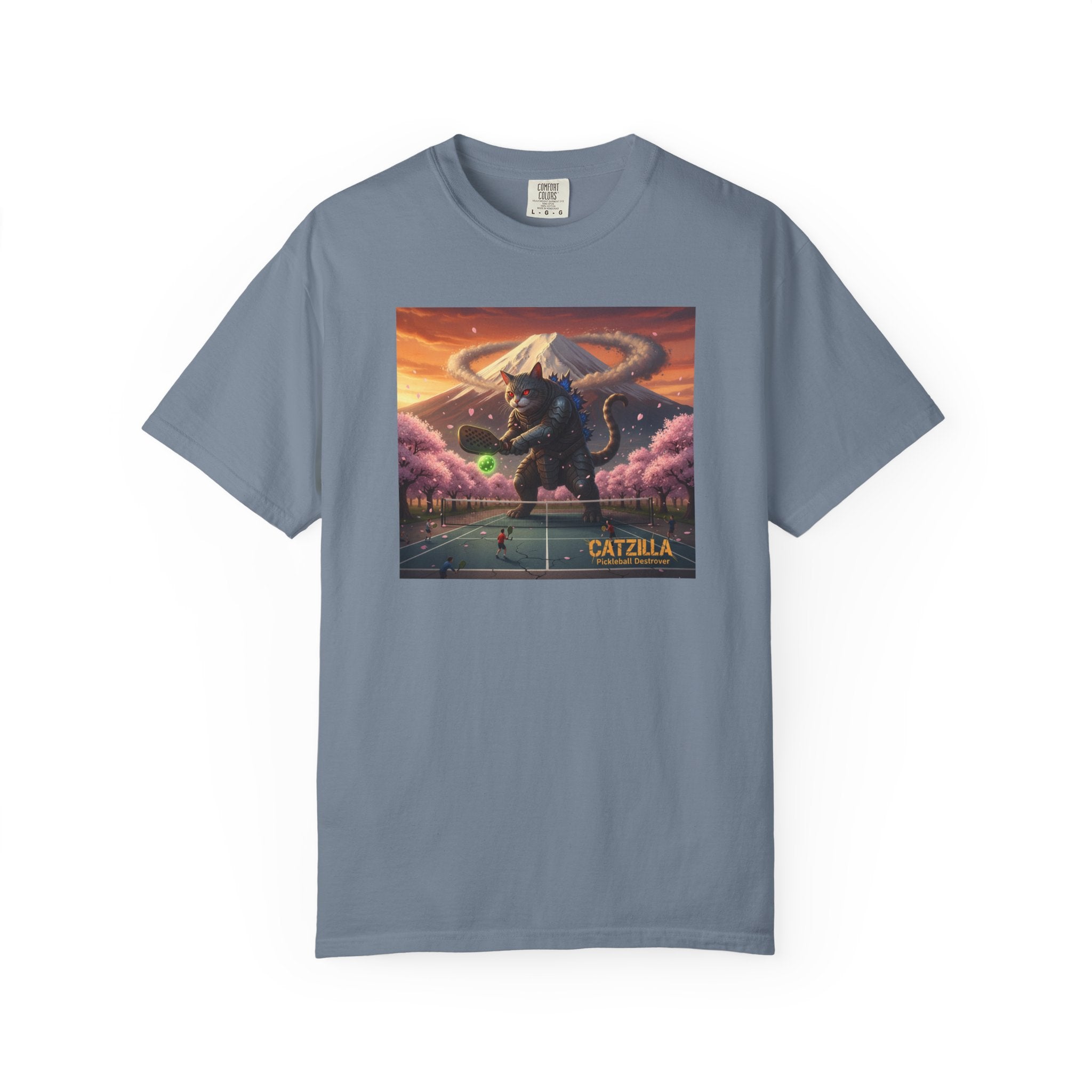 Catzilla Pickleball Destroyer T-shirt | Kaiju Cat Samurai, Mount Fuji Cherry Blossoms