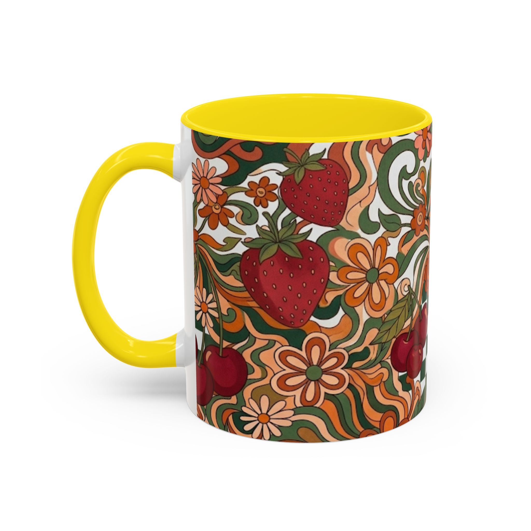 Vintage Cherry Strawberry Pattern Accent Mug | 11oz 15oz