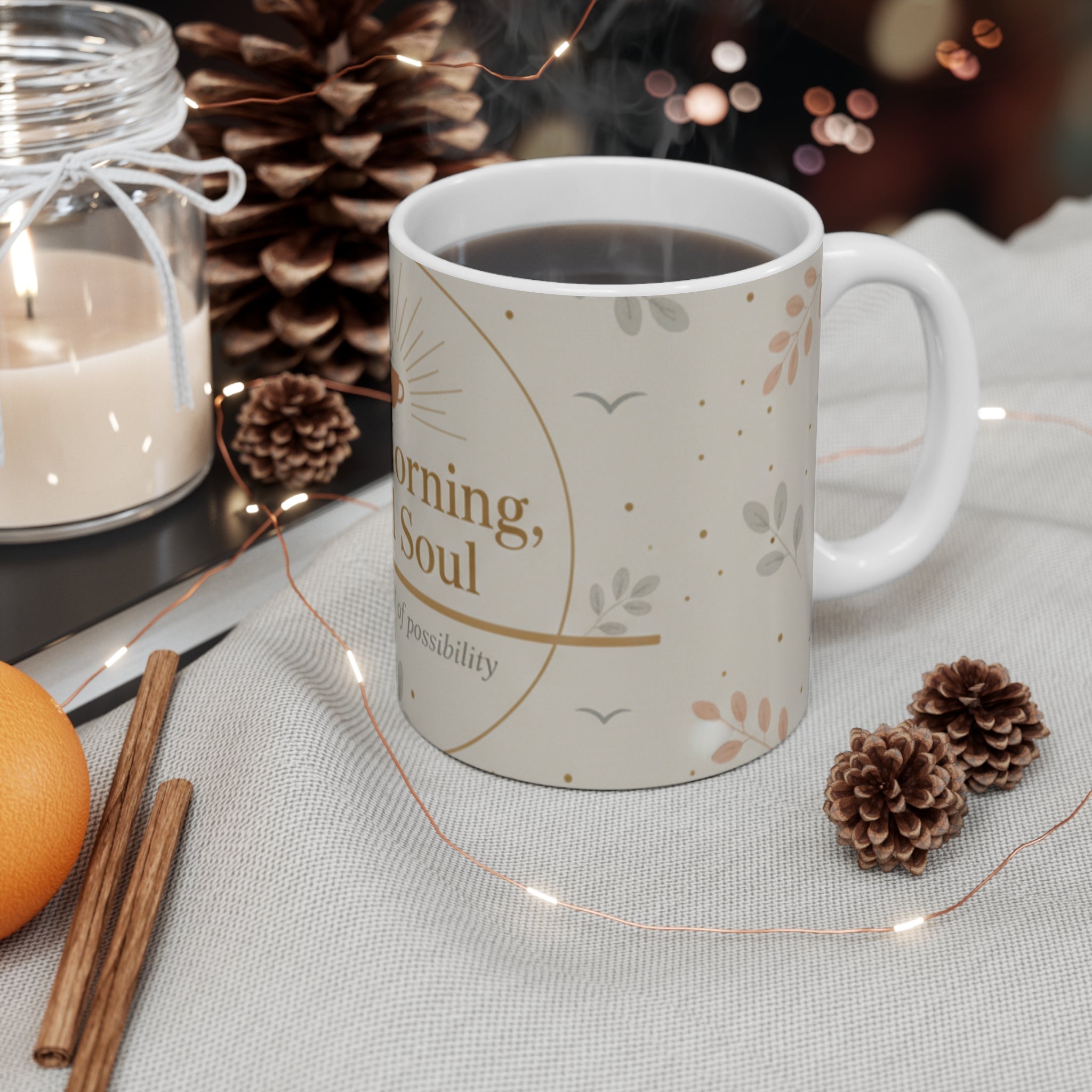 Good Morning Good Soul Mug | Inspirational Coffee Quote, Neutral Floral Design