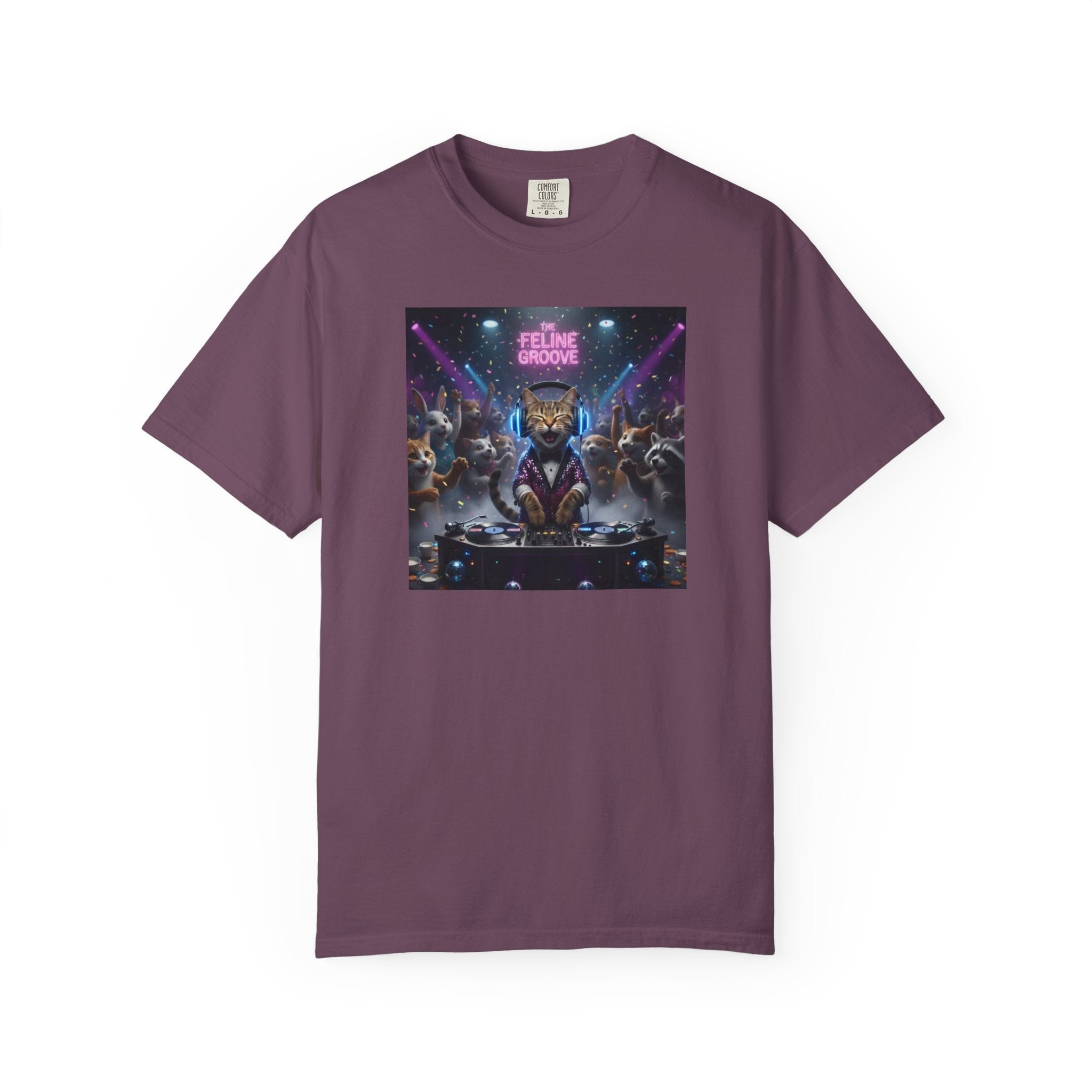 Feline Groove DJ Cat Illustration T-Shirt | Retro Neon Club Scene