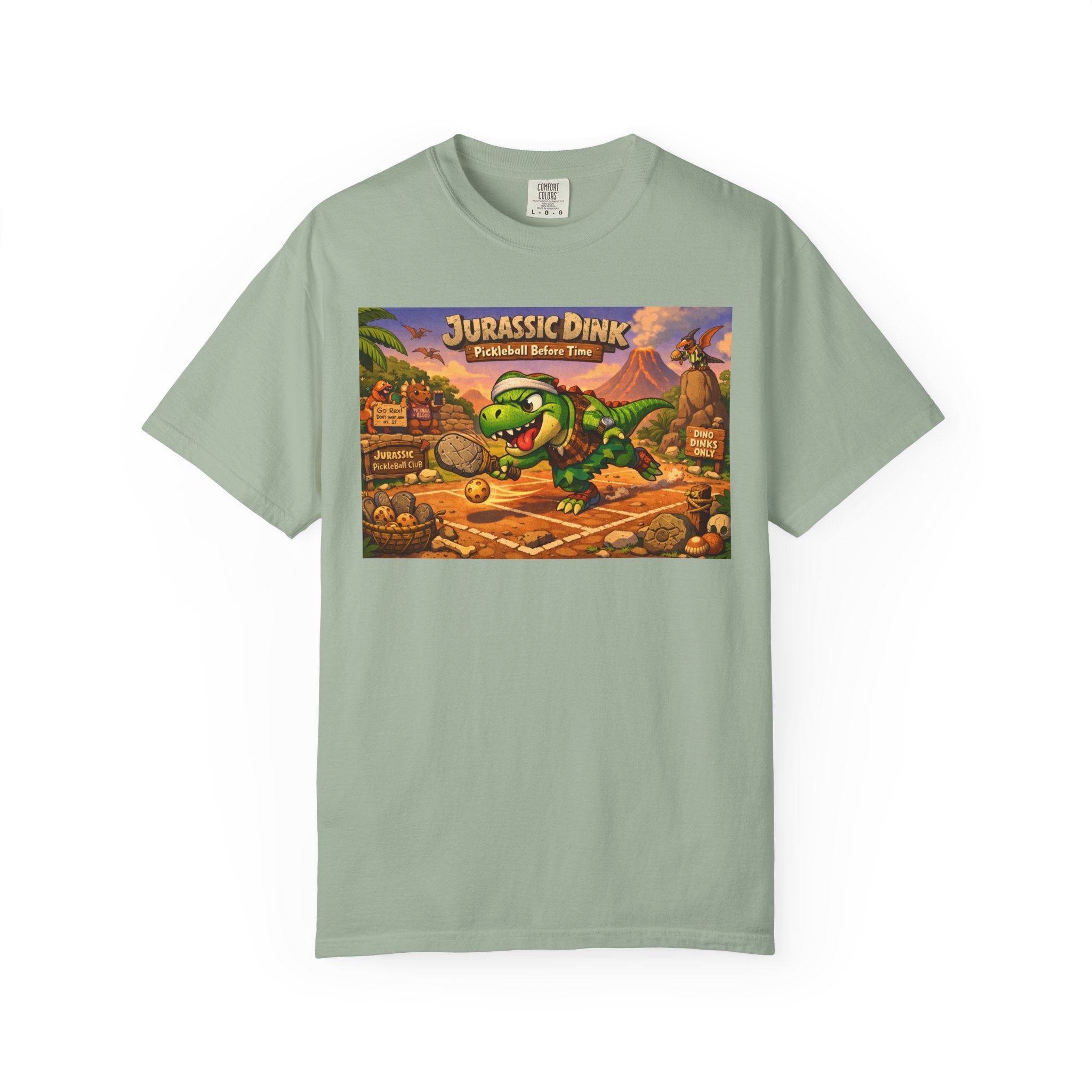 Jurassic Dink Pickleball Dinosaur Arcade Poster T-Shirt | Retro Video Game Shirt