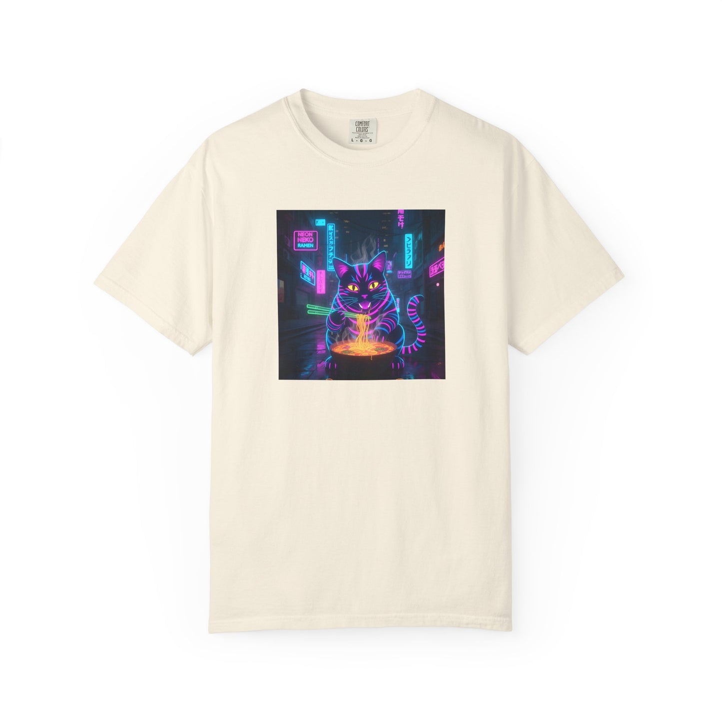Neon Cyberpunk Cat Mystic Bowl T-shirt | Retro Futuristic Alley Art