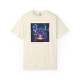 Neon Cyberpunk Cat Mystic Bowl T-shirt | Retro Futuristic Alley Art