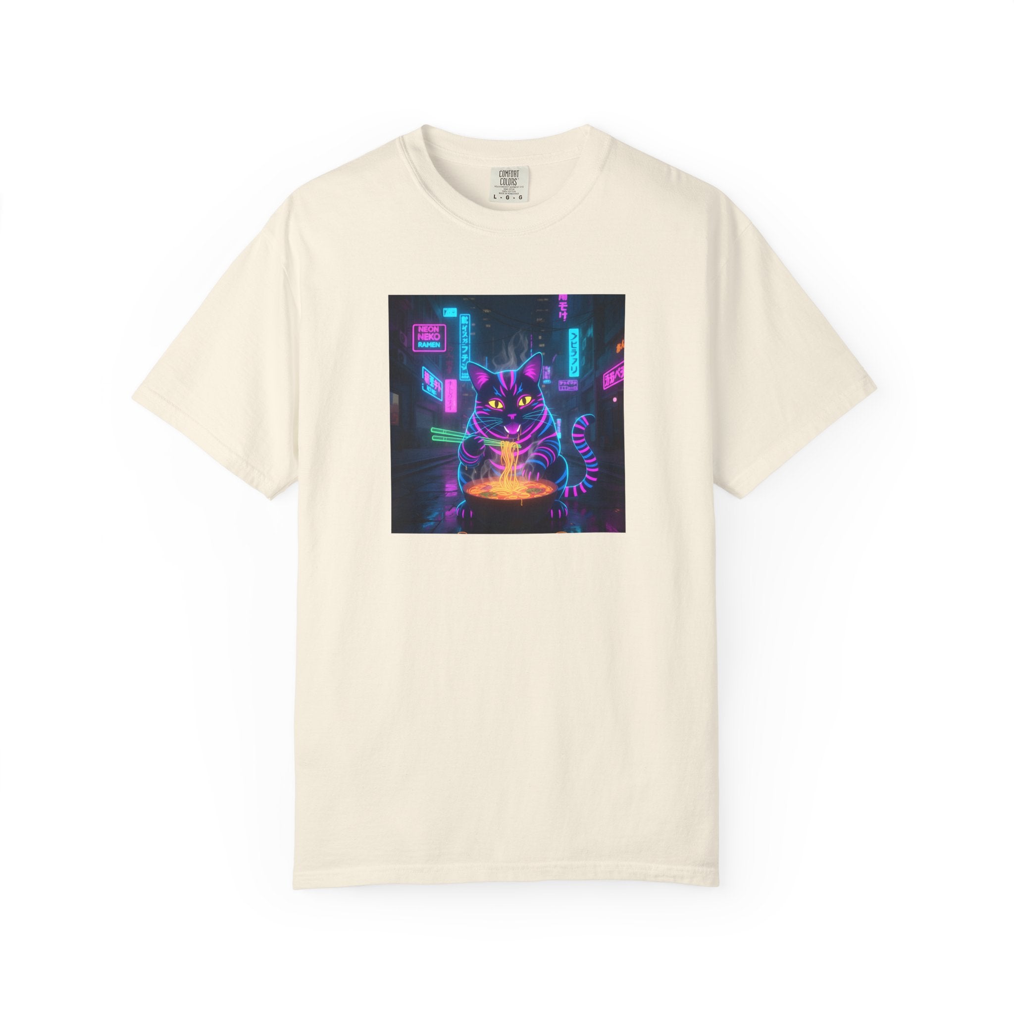 Neon Cyberpunk Cat Mystic Bowl T-shirt | Retro Futuristic Alley Art