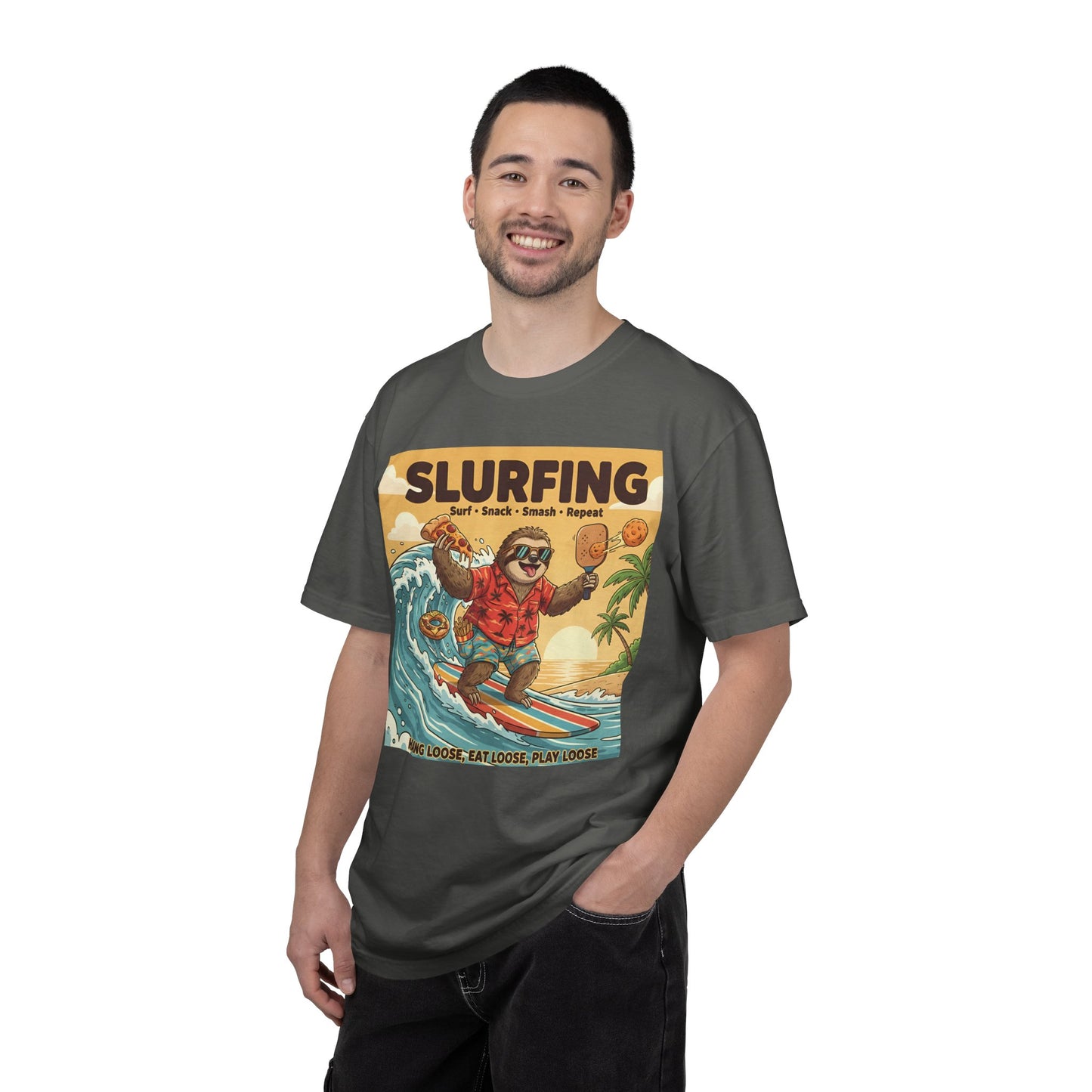 Slurfing Surfing Sloth T-Shirt | Retro Beach Wave Illustration