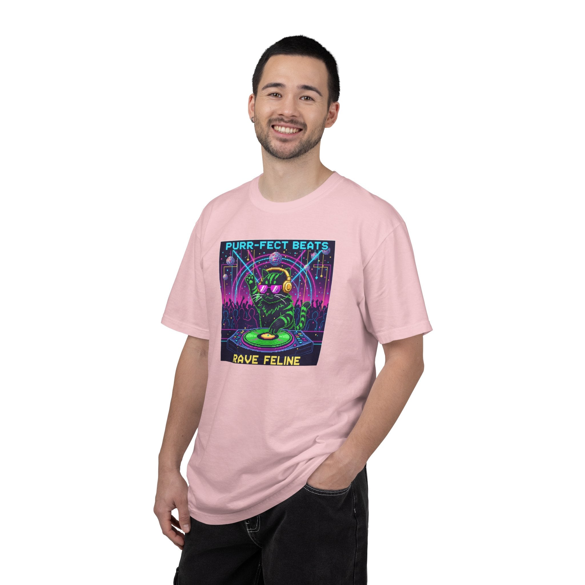 Purr-fect Beats Rave Feline DJ cat T-shirt | Neon EDM club design