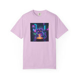 Neon Cyberpunk Cat Mystic Bowl T-shirt | Retro Futuristic Alley Art