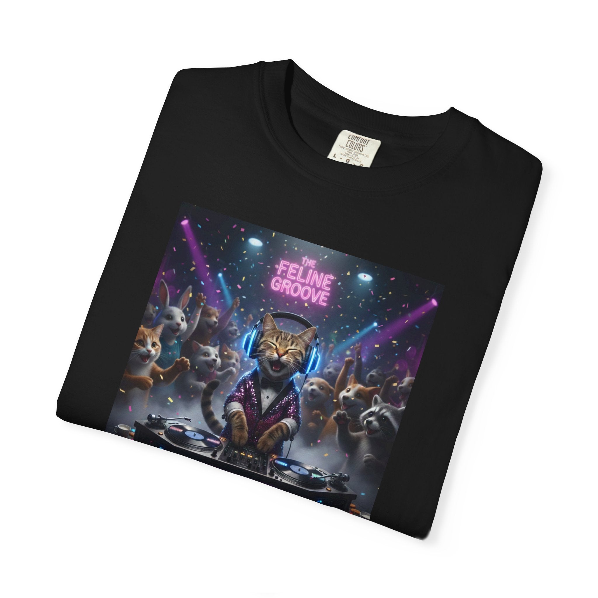 Feline Groove DJ Cat Illustration T-Shirt | Retro Neon Club Scene