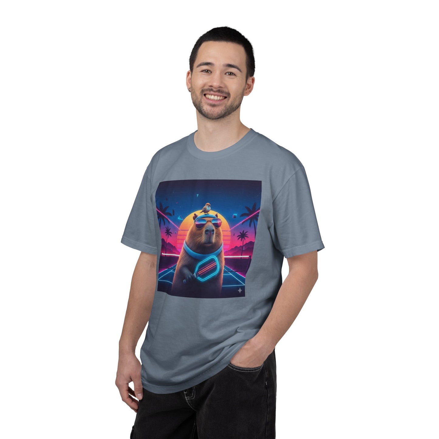 Retro Vaporwave Capybara with Sunglasses T-shirt | Neon Sunset Palm Trees
