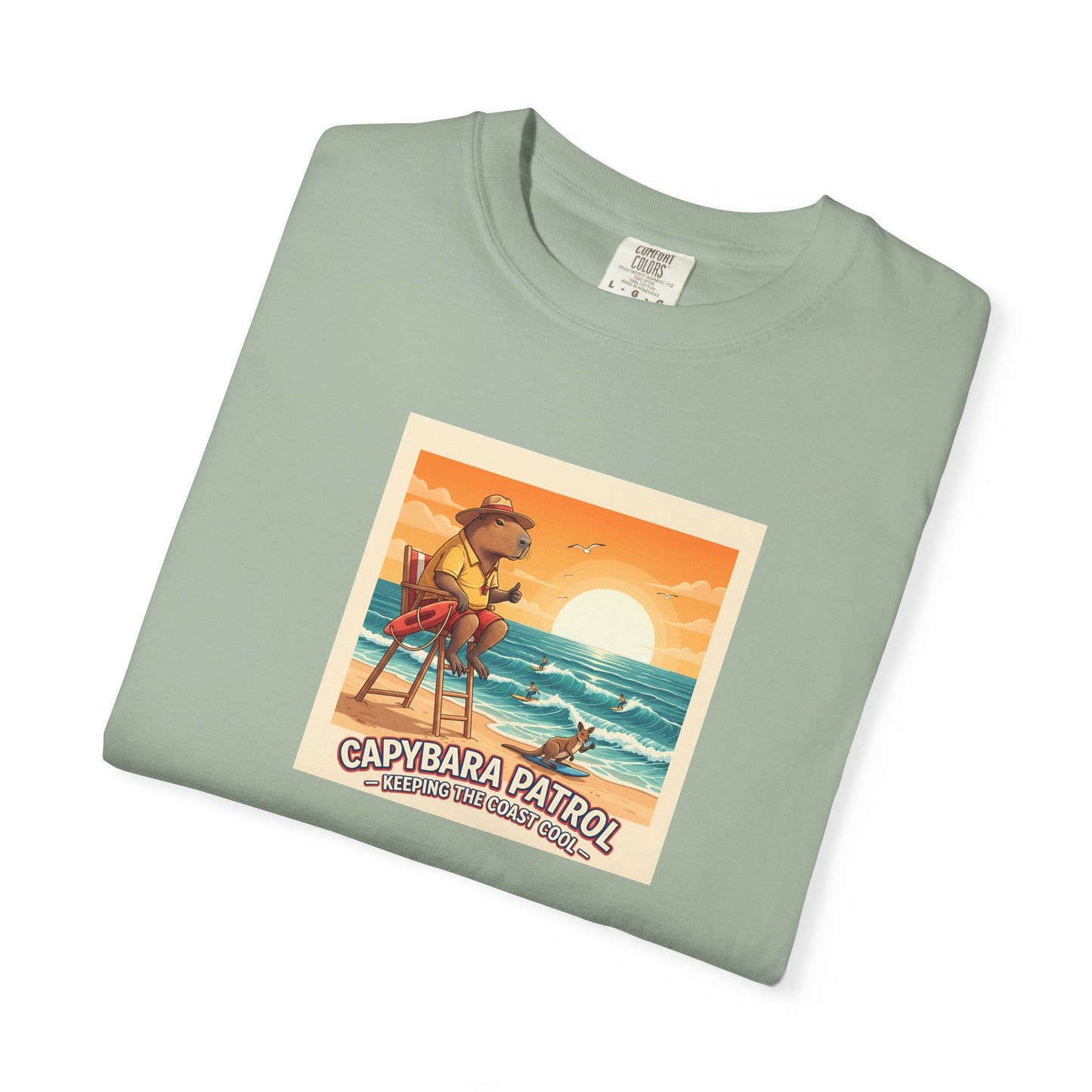 Capybara Patrol Sunset Surfing Capybara T-Shirt | Retro Beach Vibes