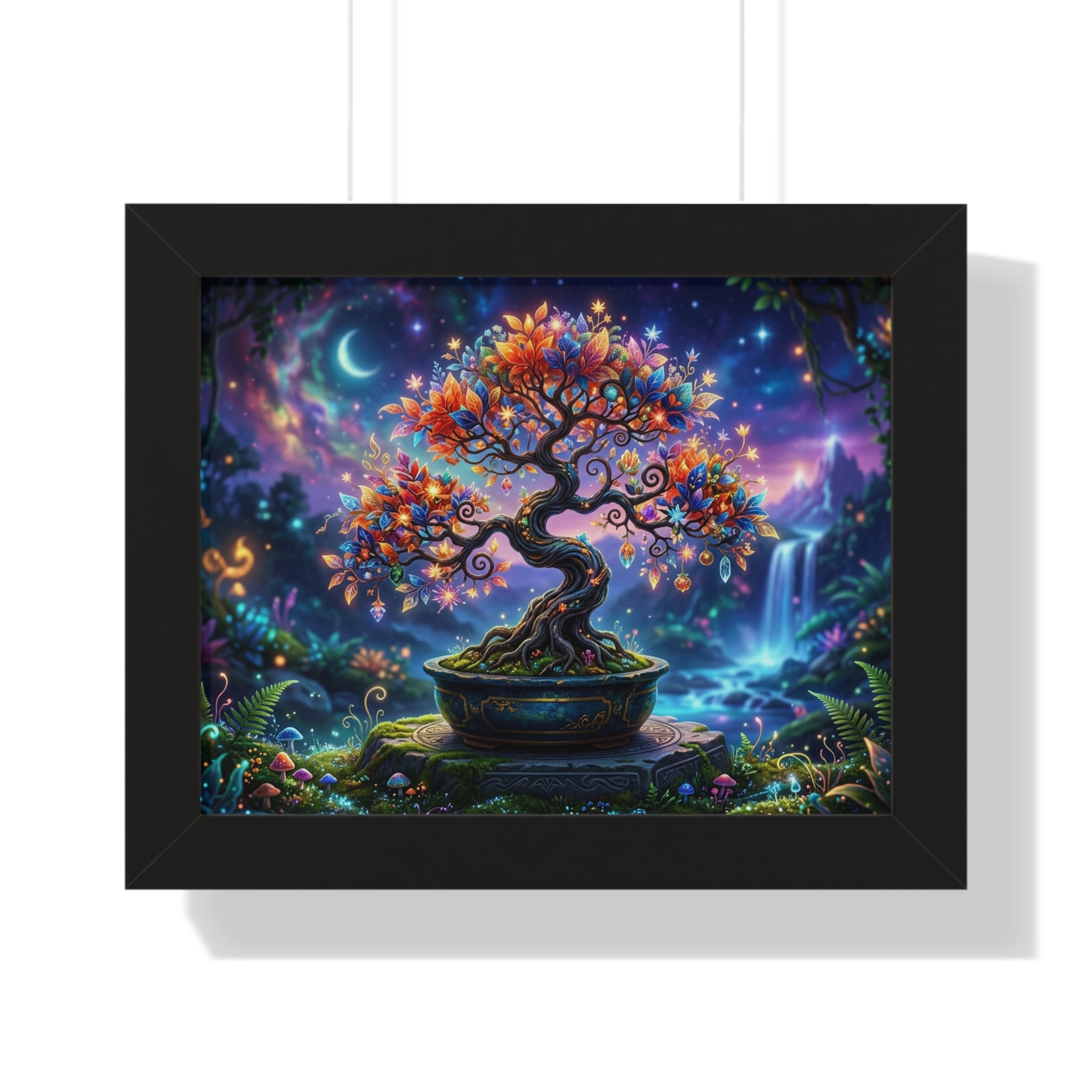 Celestial Magical Bonsai Tree Art Print, Fantasy Galaxy Tree of Life Wall Decor, Glowing Zen Garden Poster, Whimsical Mythical Landscape Art