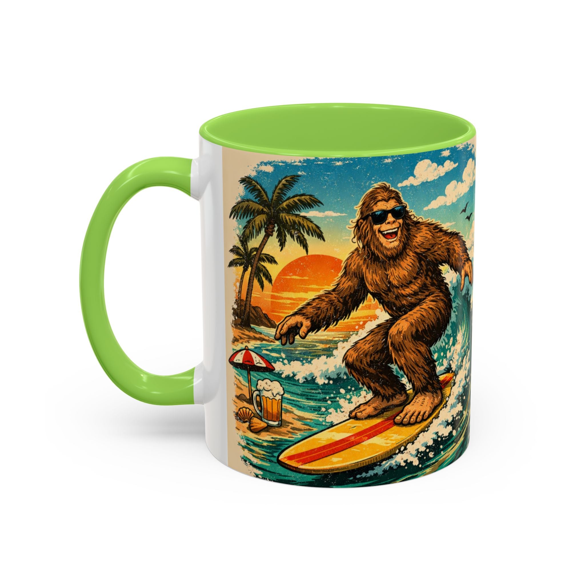 Surfing Bigfoot Mug | Retro Beach Sunset Bigfoot Wave Coffee Cup