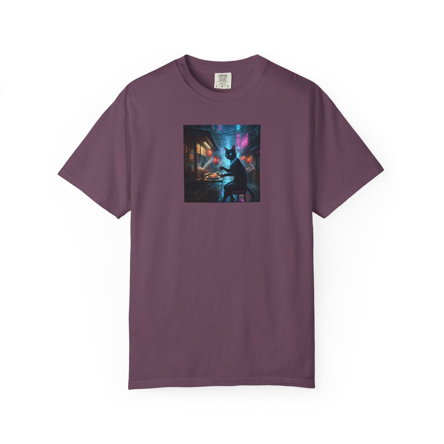 Cyberpunk Cat Sushi T-shirt | Neon Japan Noir