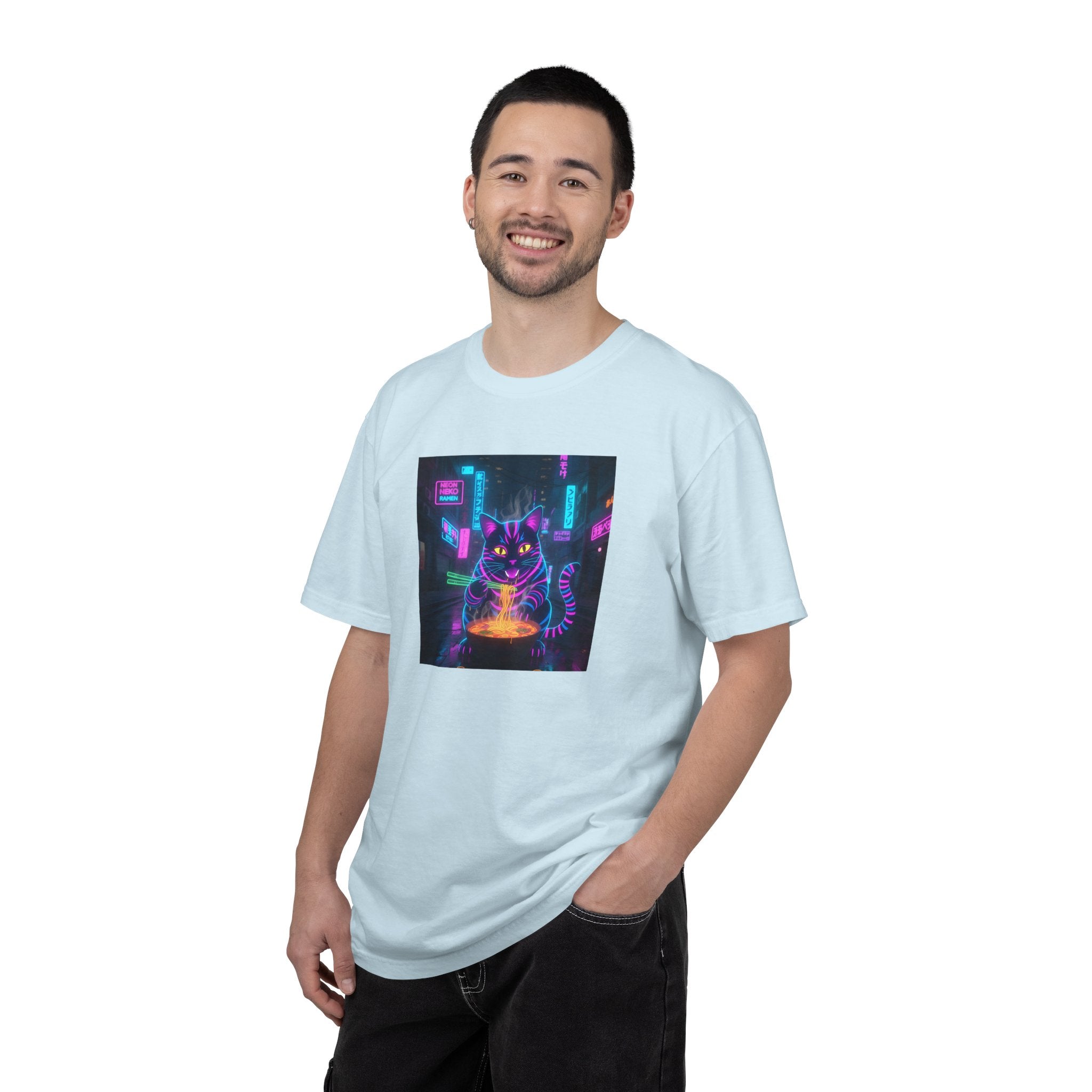 Neon Cyberpunk Cat Mystic Bowl T-shirt | Retro Futuristic Alley Art