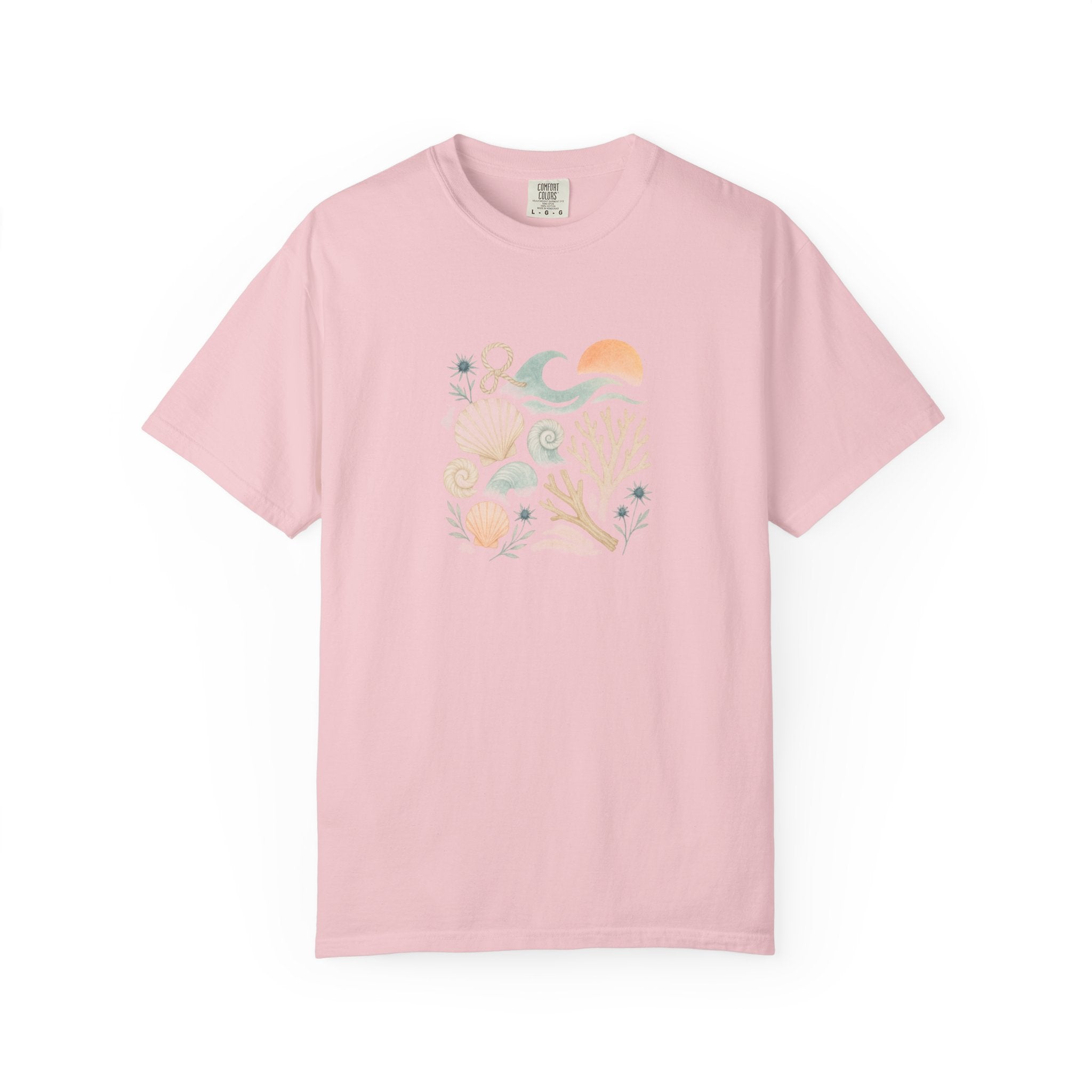 Coastal Seashells and Coral T-Shirt | Beach Wave Sunset Art