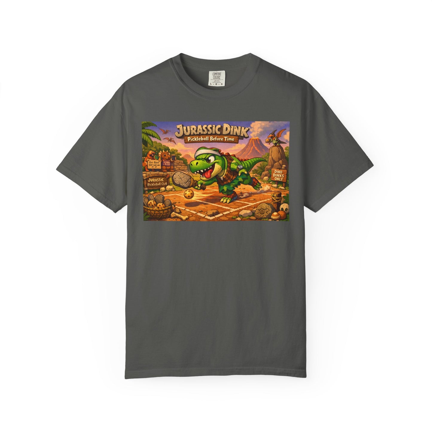 Jurassic Dink Pickleball Dinosaur Arcade Poster T-Shirt | Retro Video Game Shirt