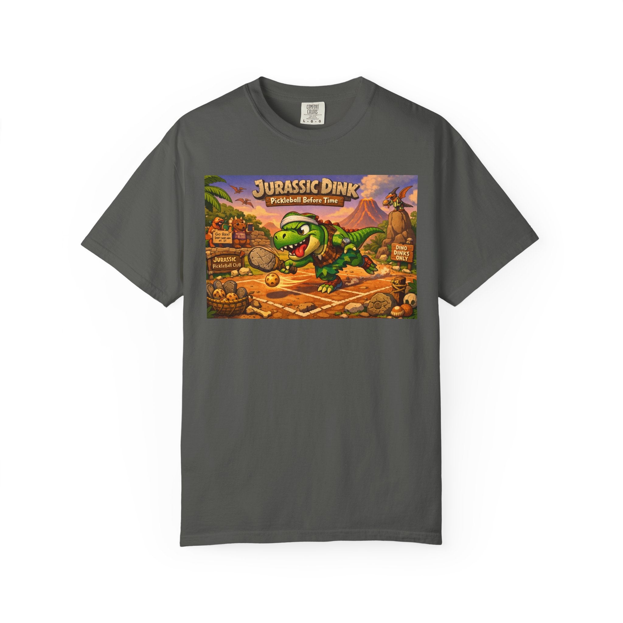 Jurassic Dink Pickleball Dinosaur Arcade Poster T-Shirt | Retro Video Game Shirt