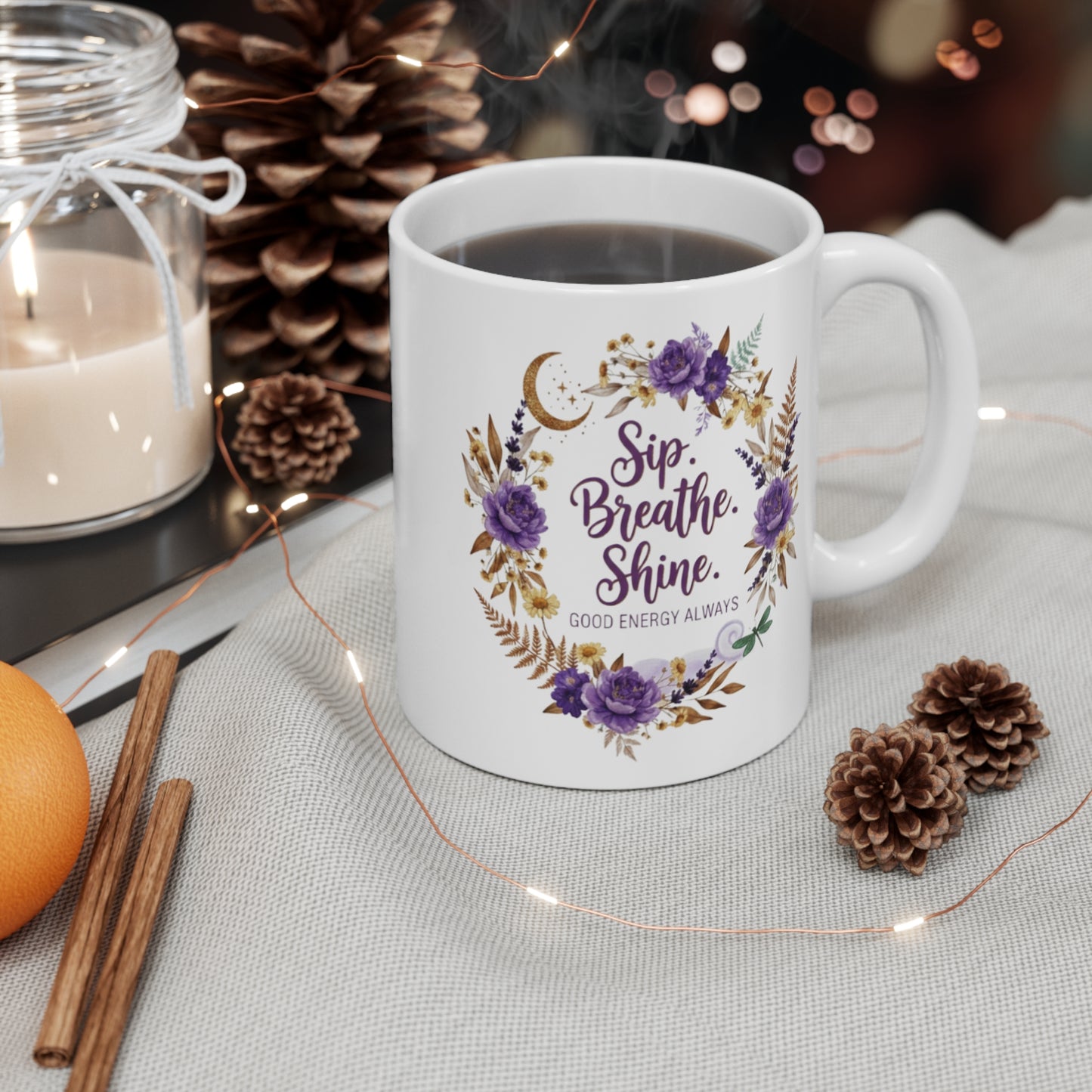 Sip Breathe Shine mug | Floral wreath, purple roses, celestial crescent