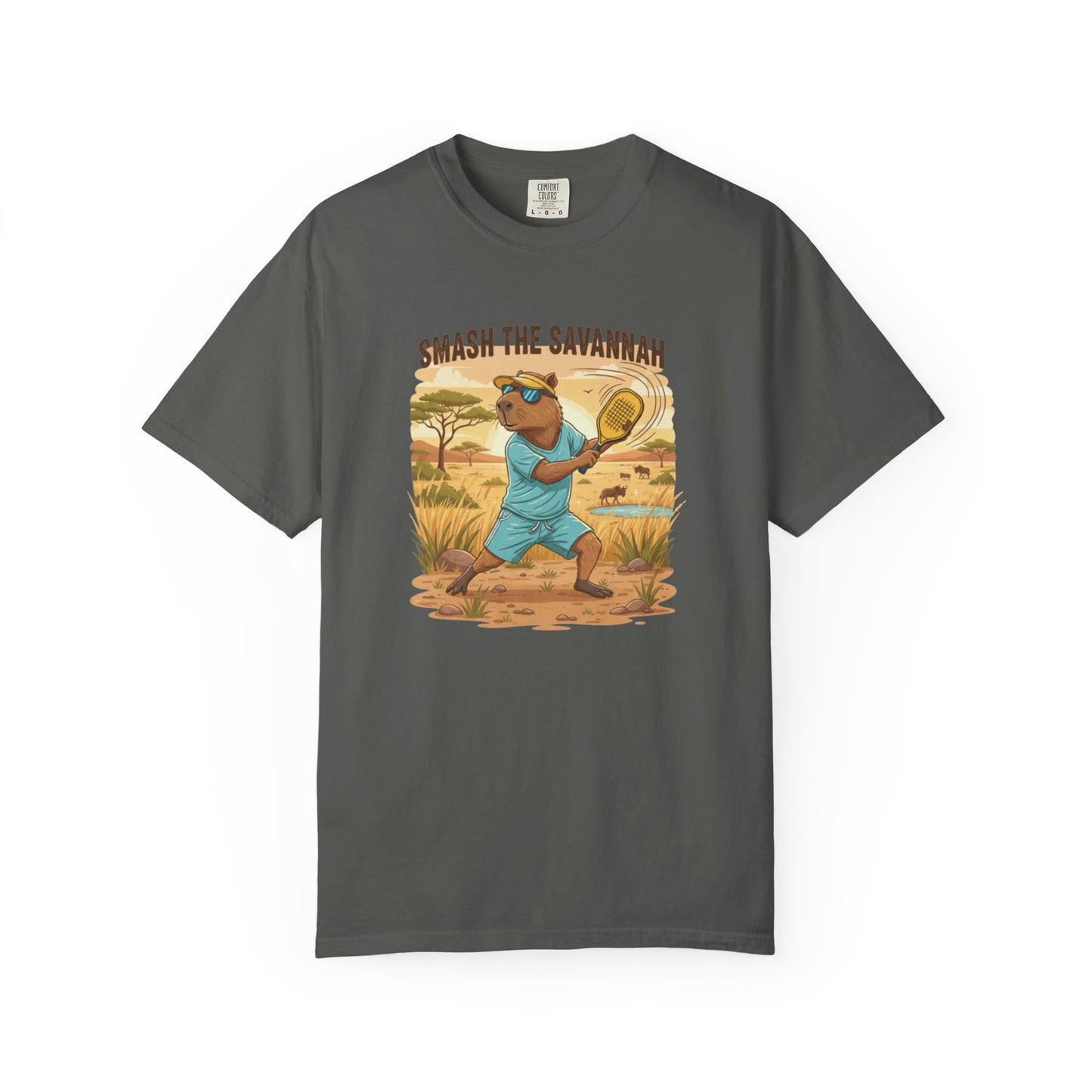 Smash the Savannah Capybara Pickleballer T-Shirt | Animal Sports Graphic Tee