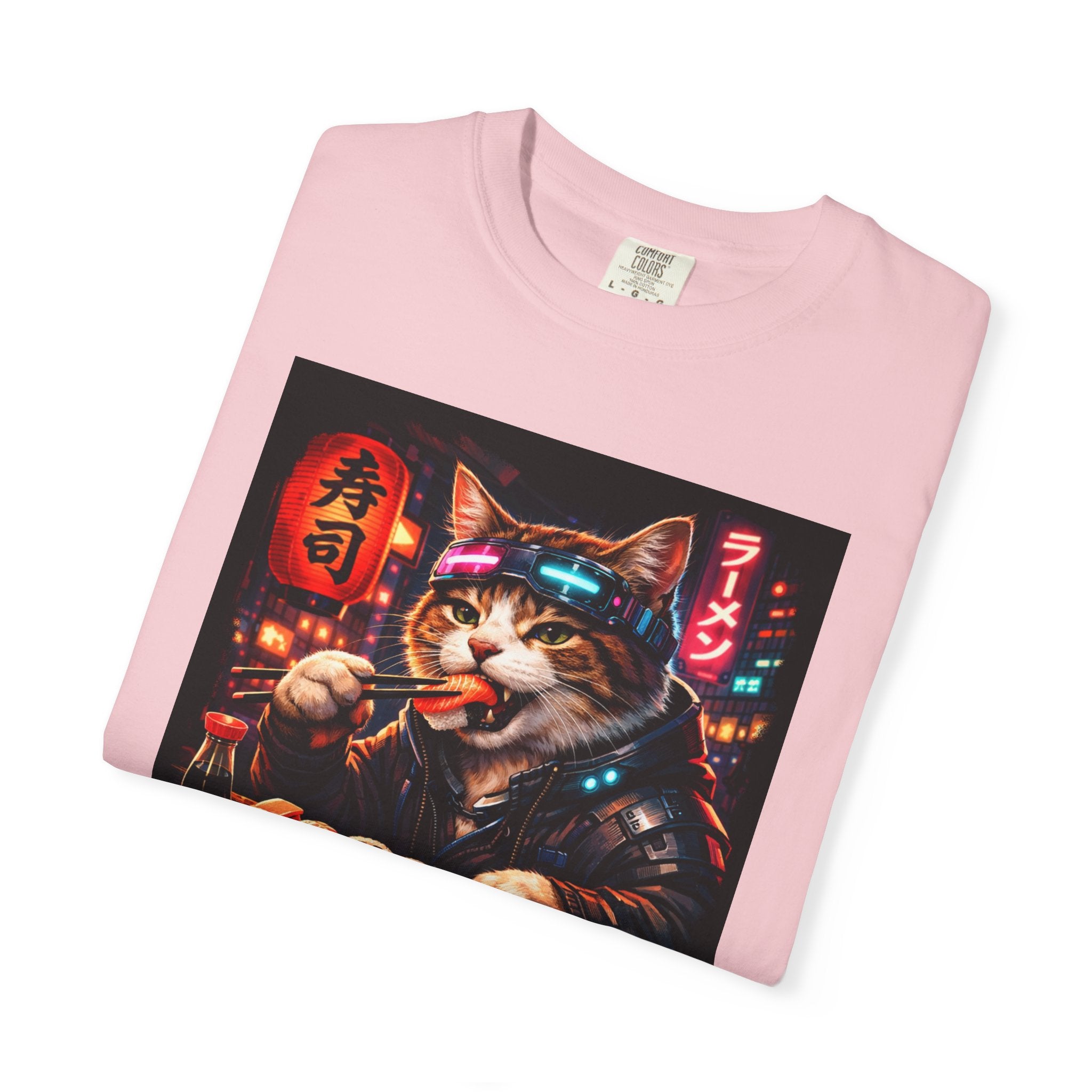 Sushi-Eating Cat T-Shirt | Neon Japanese Street Food Art