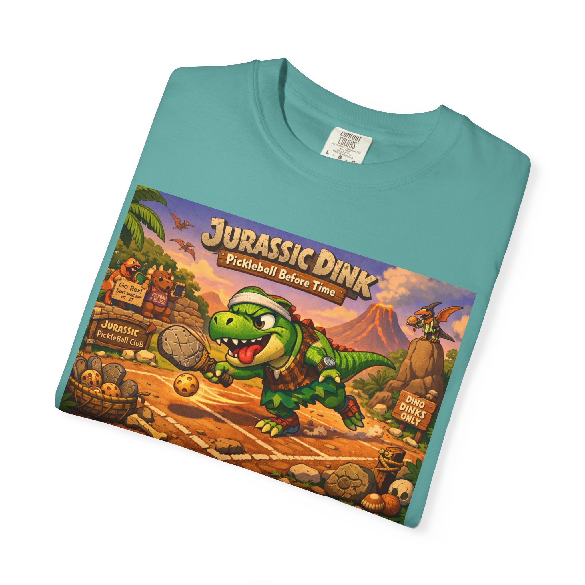 Jurassic Dink Pickleball Dinosaur Arcade Poster T-Shirt | Retro Video Game Shirt