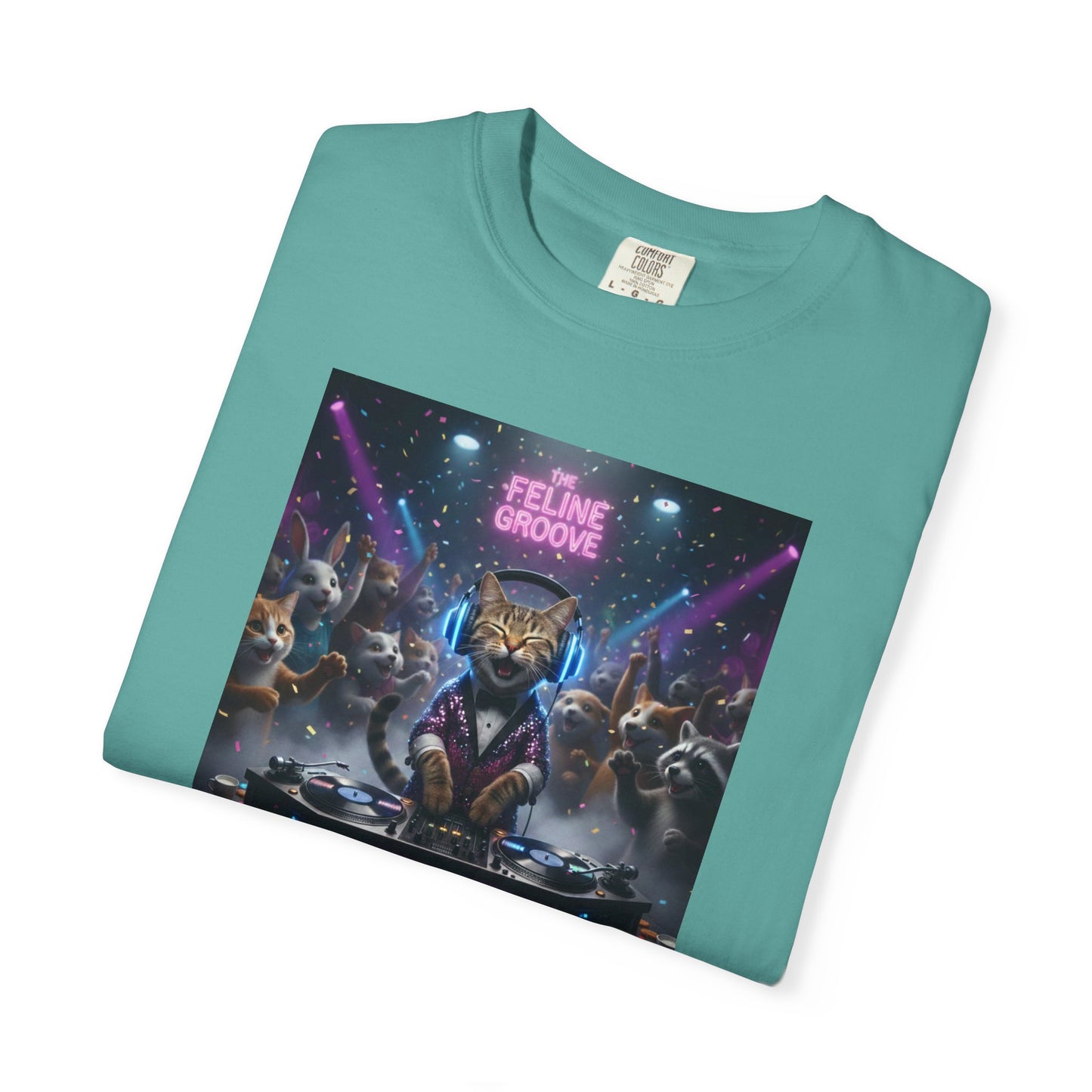 Feline Groove DJ Cat Illustration T-Shirt | Retro Neon Club Scene