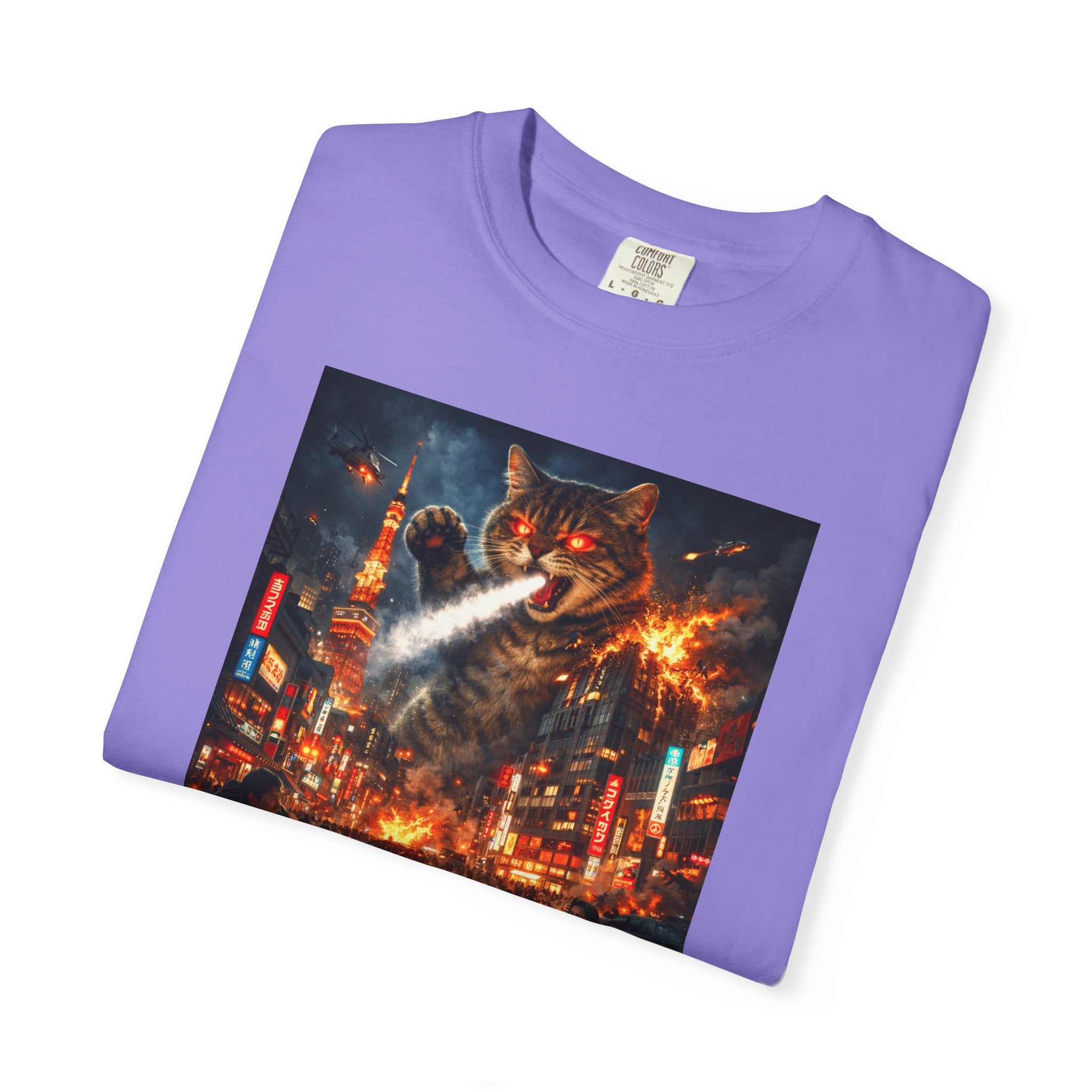 Giant Catzilla Kaiju Rampage T-Shirt | Neon City Monster Battle