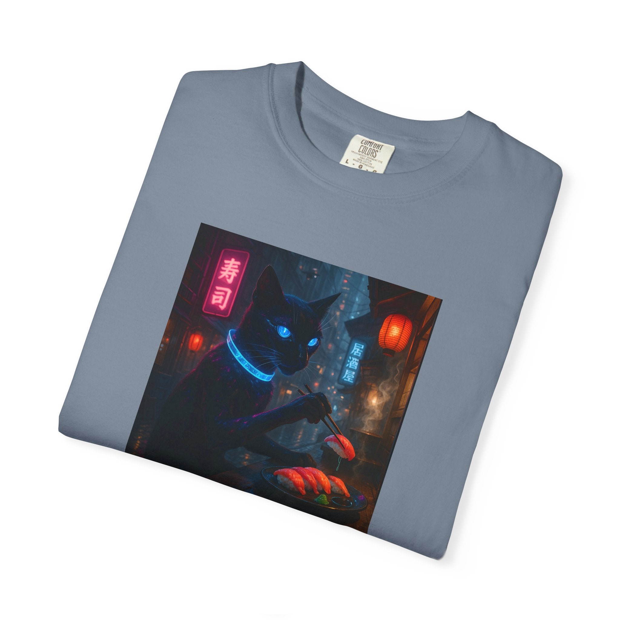 Neon Cyber Cat Sushi Shibuya T-shirt | Dark Alley Japanese Streetwear