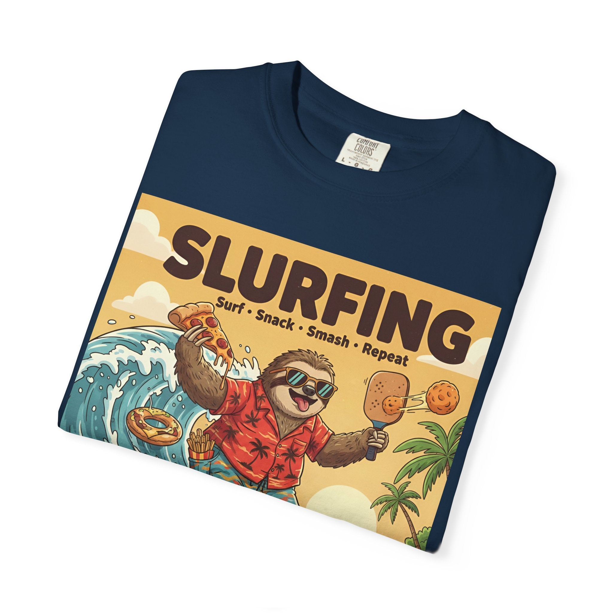 Slurfing Surfing Sloth T-Shirt | Retro Beach Wave Illustration