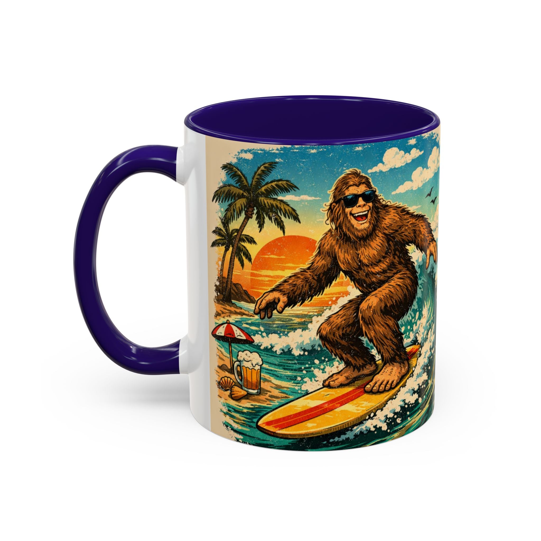 Surfing Bigfoot Mug | Retro Beach Sunset Bigfoot Wave Coffee Cup
