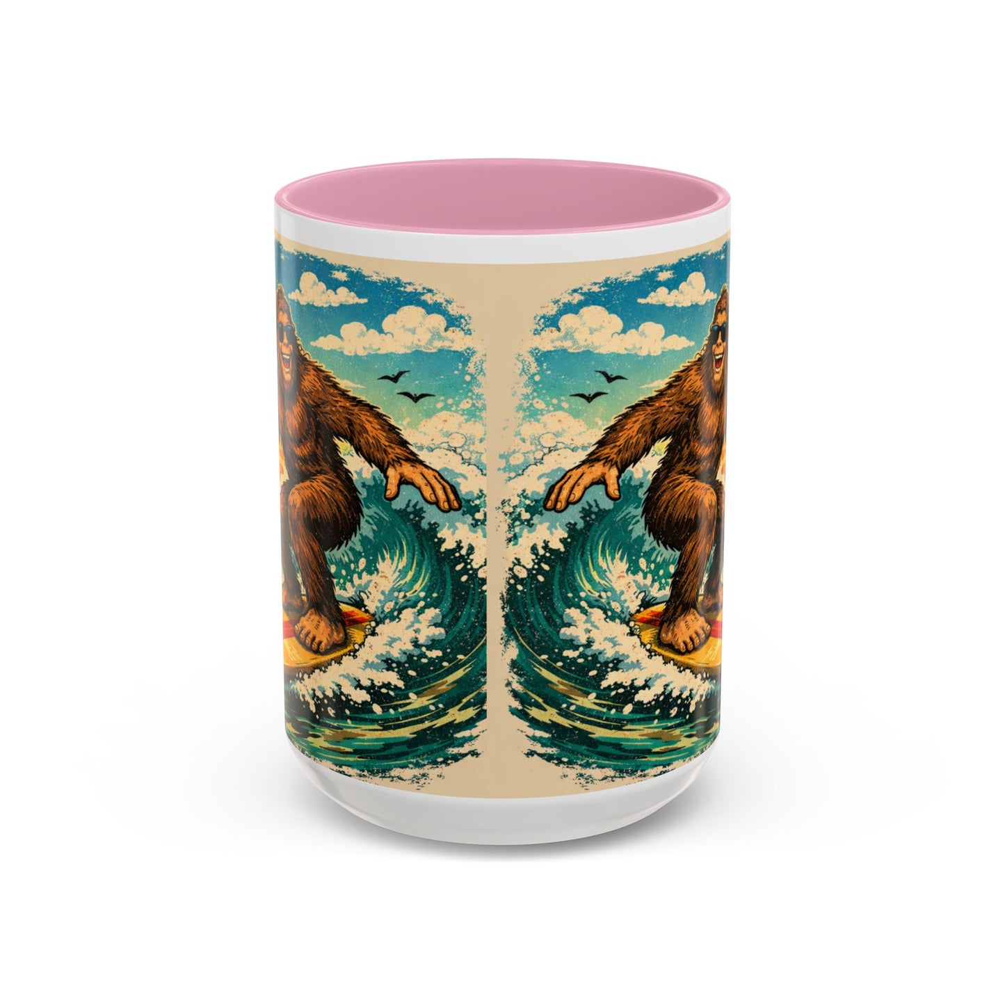 Surfing Bigfoot Mug | Retro Beach Sunset Bigfoot Wave Coffee Cup