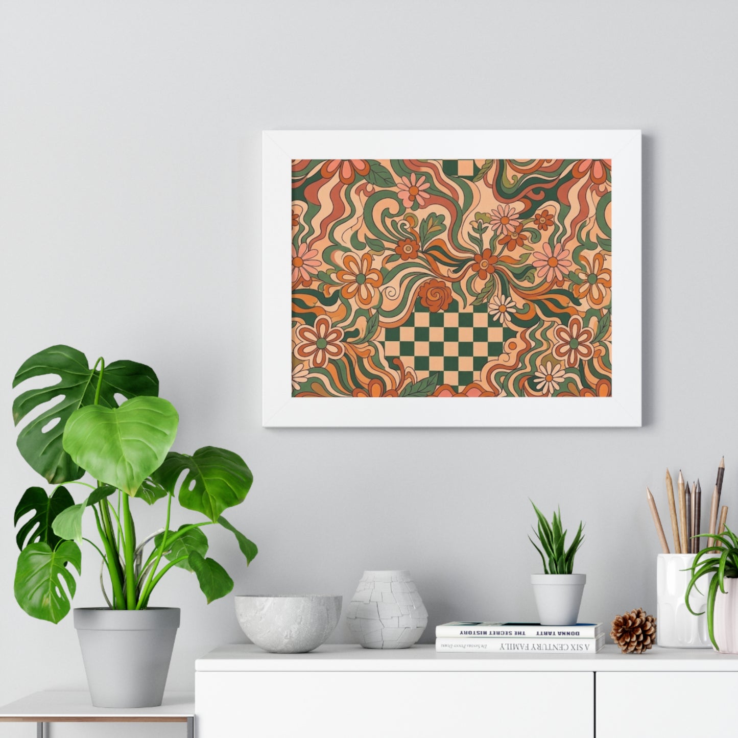Retro Floral Checkerboard Poster