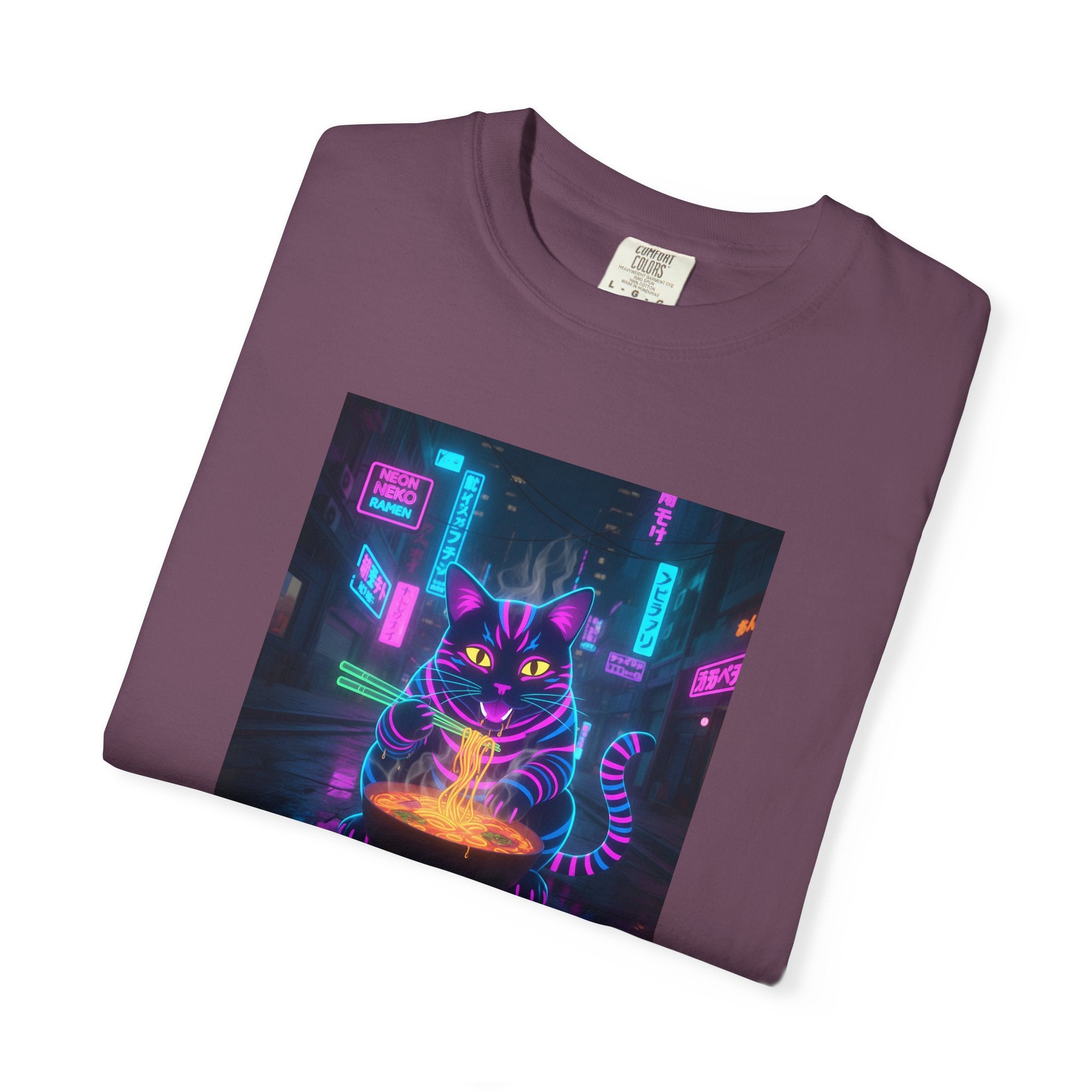 Neon Cyberpunk Cat Mystic Bowl T-shirt | Retro Futuristic Alley Art