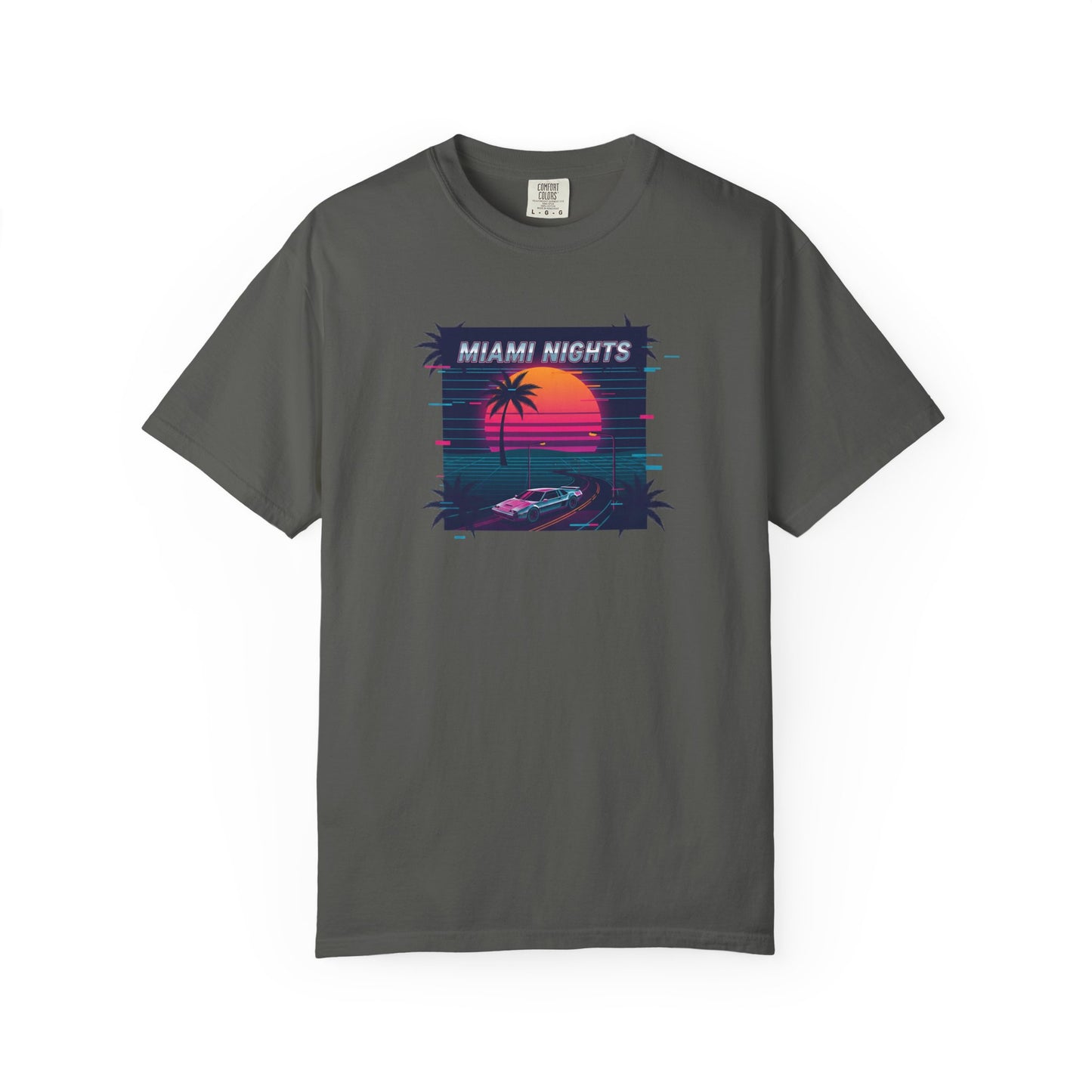 Miami Nights Sunset Palm T-shirt | Retro Vaporwave Beach Scene