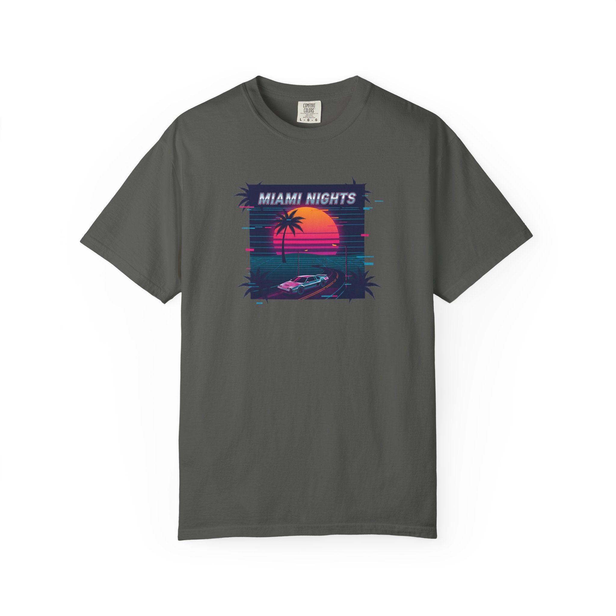 Miami Nights Sunset Palm T-shirt | Retro Vaporwave Beach Scene