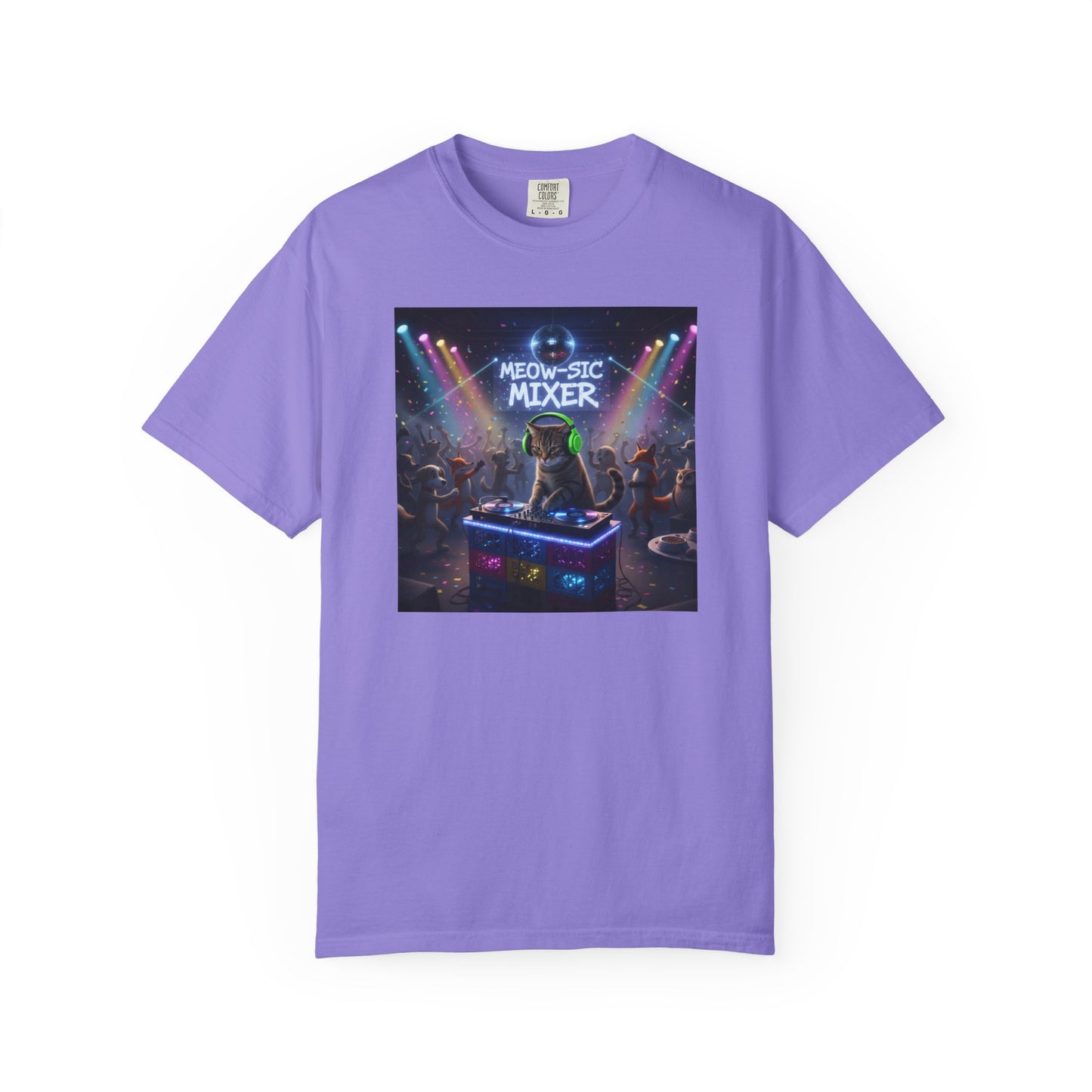 Melodic Mixer DJ Cat T-shirt | Neon Retro Music Party