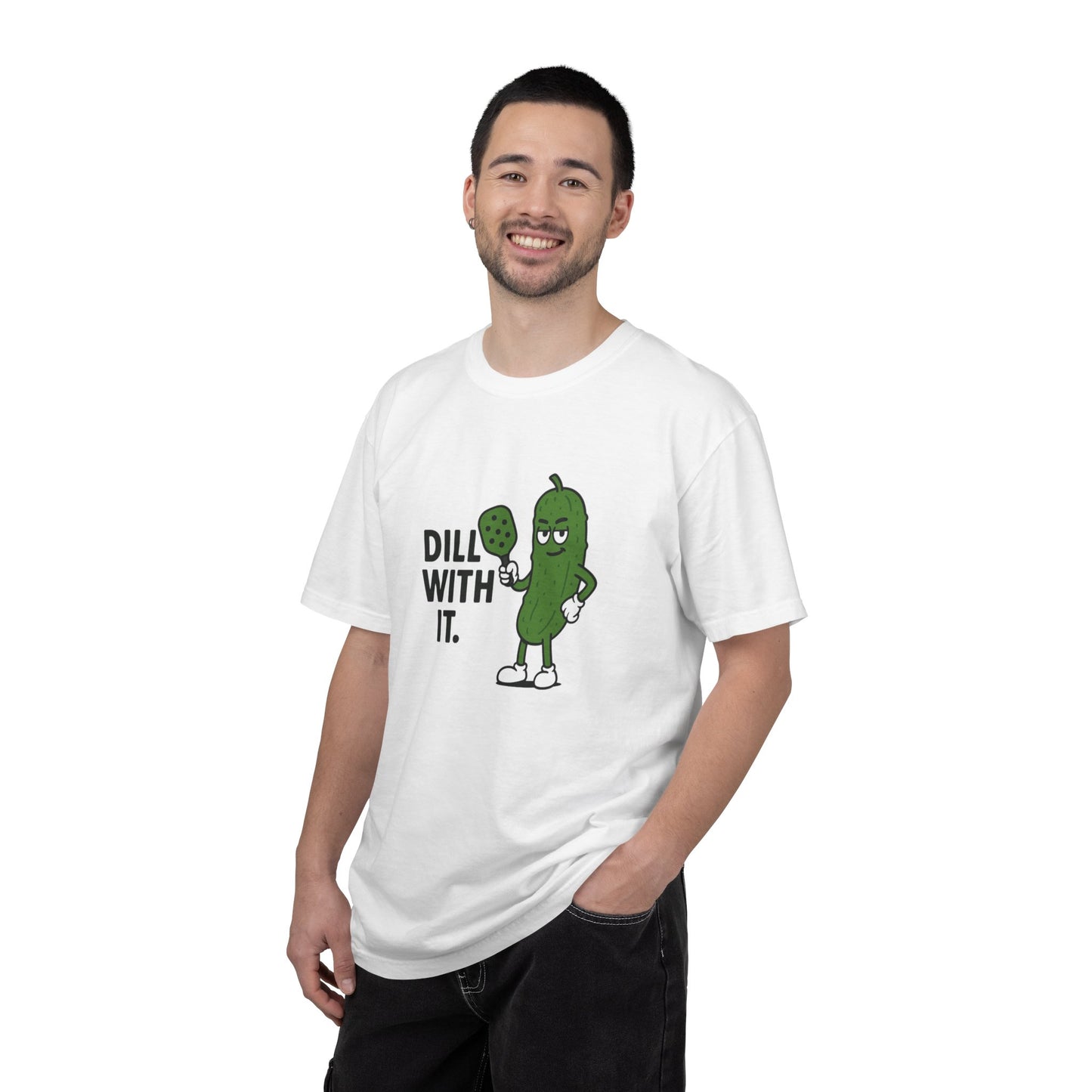 Dill With It Pickle Character T-shirt | Funny Vegan Food Pun Tee